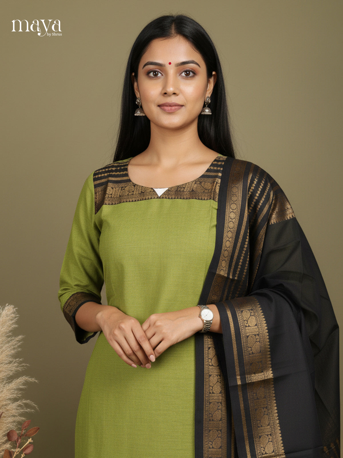 Green & Black - Chettinad Cotton Readymade Kurti & Dupatta