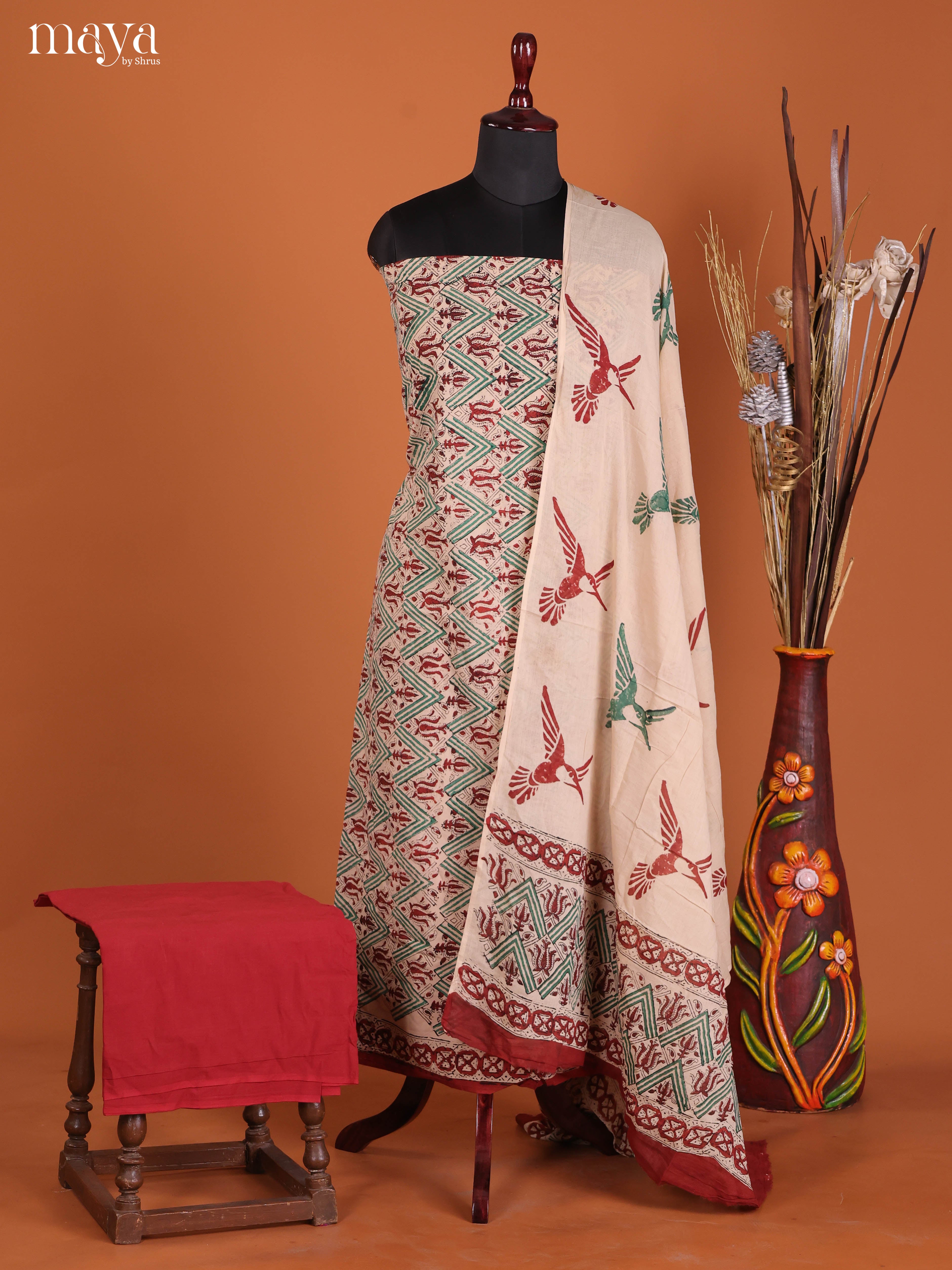 Cream & Red-Cotton salwar
