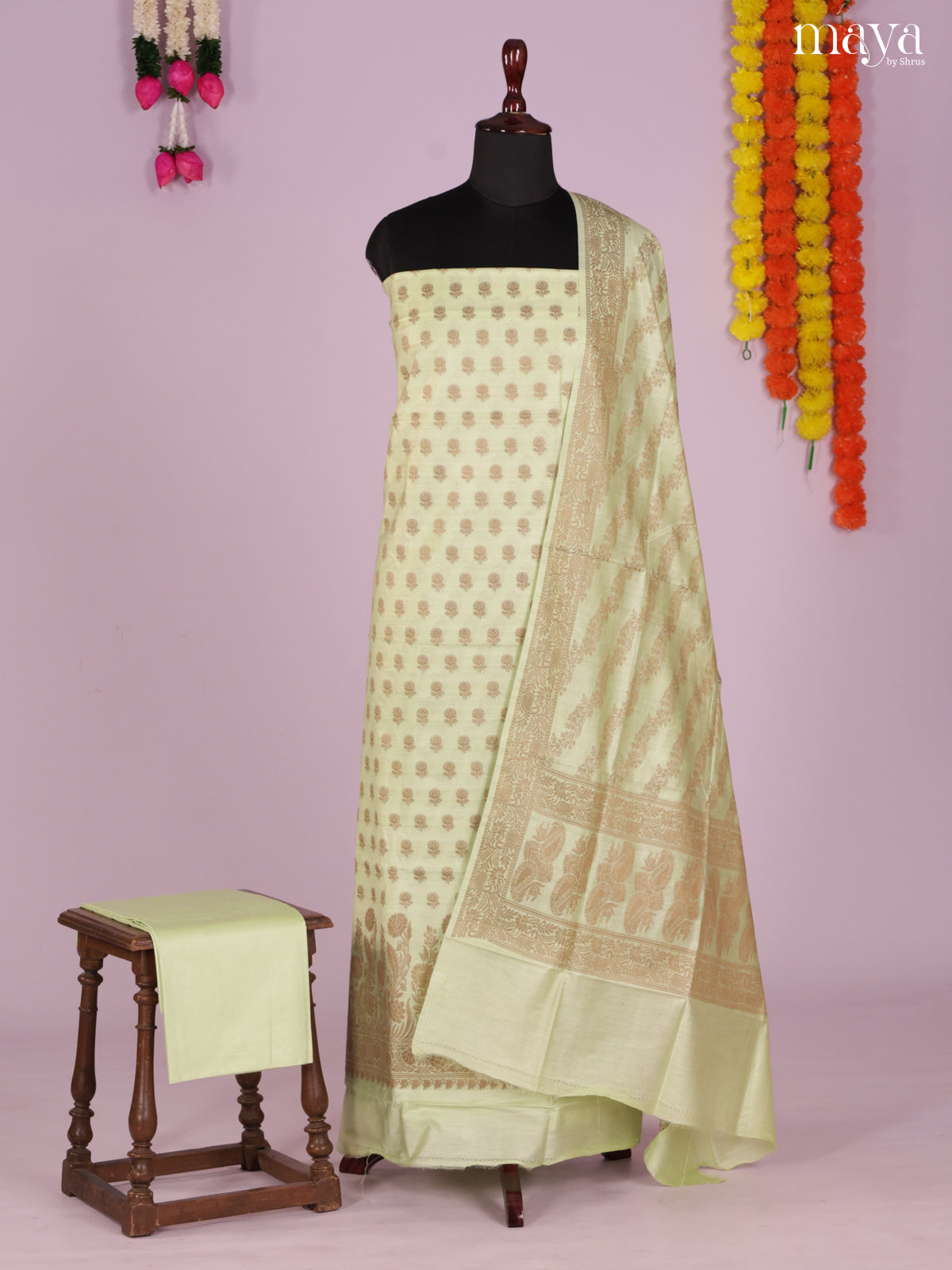 Chic Pastel Green Semi Tussar Salwar Suit Material With Zari Buttas