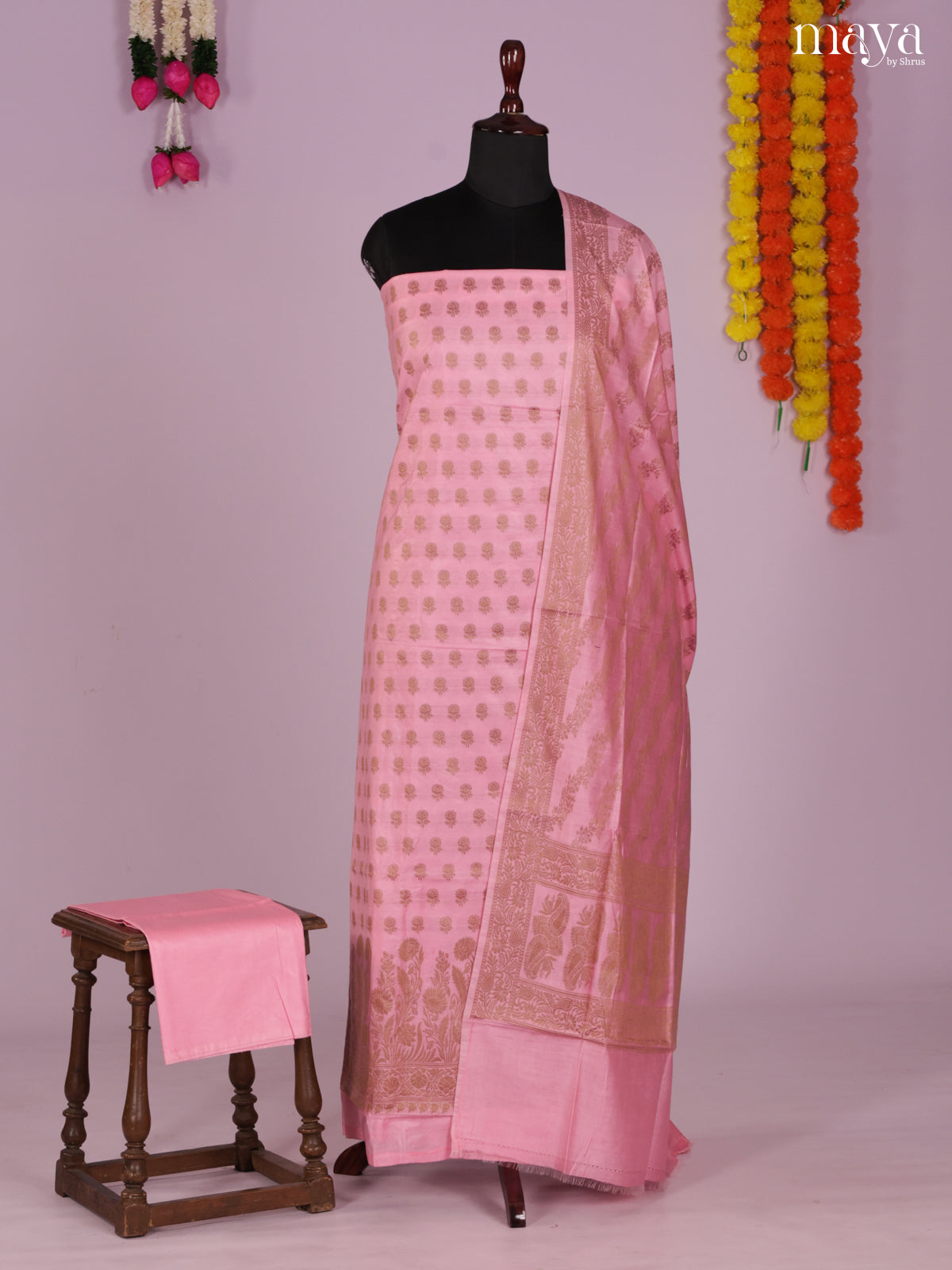 Ethnic Light Pink Semi Tussar Unstitched Salwar Set Material