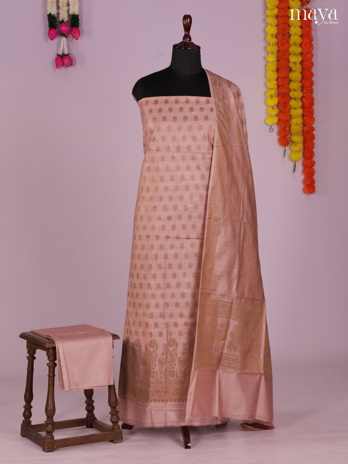 Classy Dusty Brown Semi Tussar Salwar Set Material With Floral Buttas