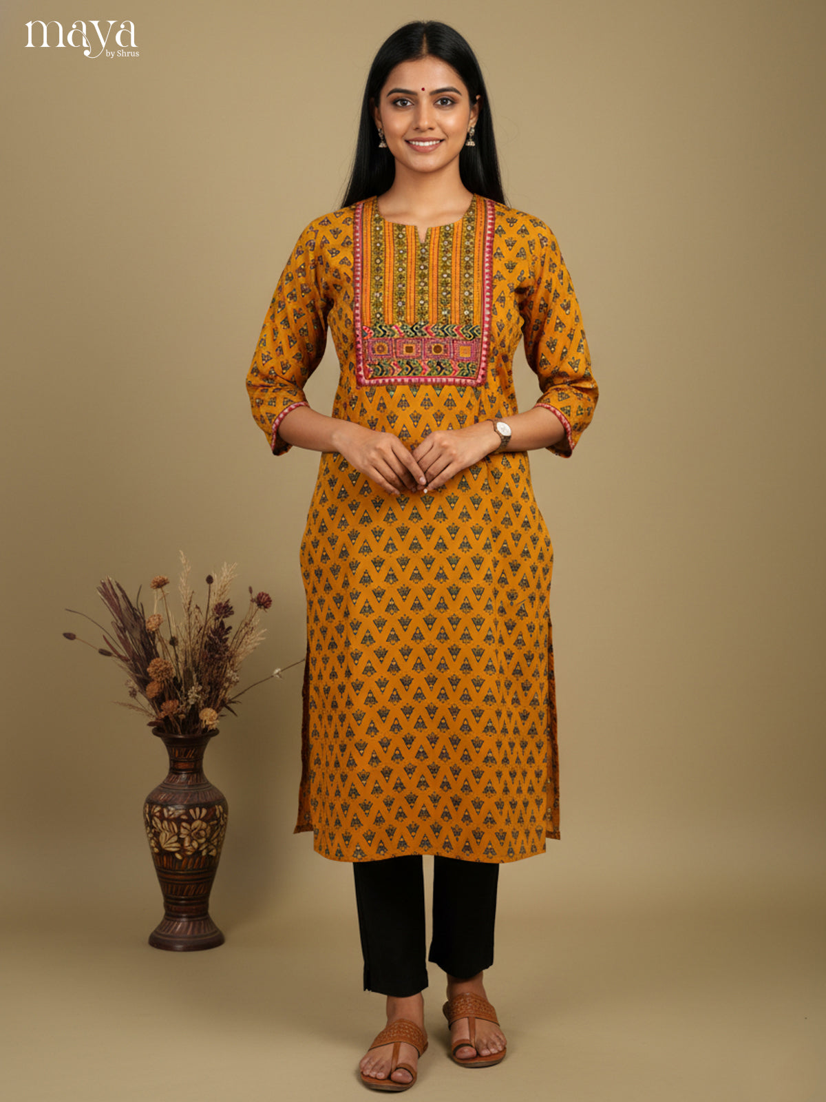 Chic Mustard Cotton Readymade Kurti With Ajrakh Prints & Yoke Neck
