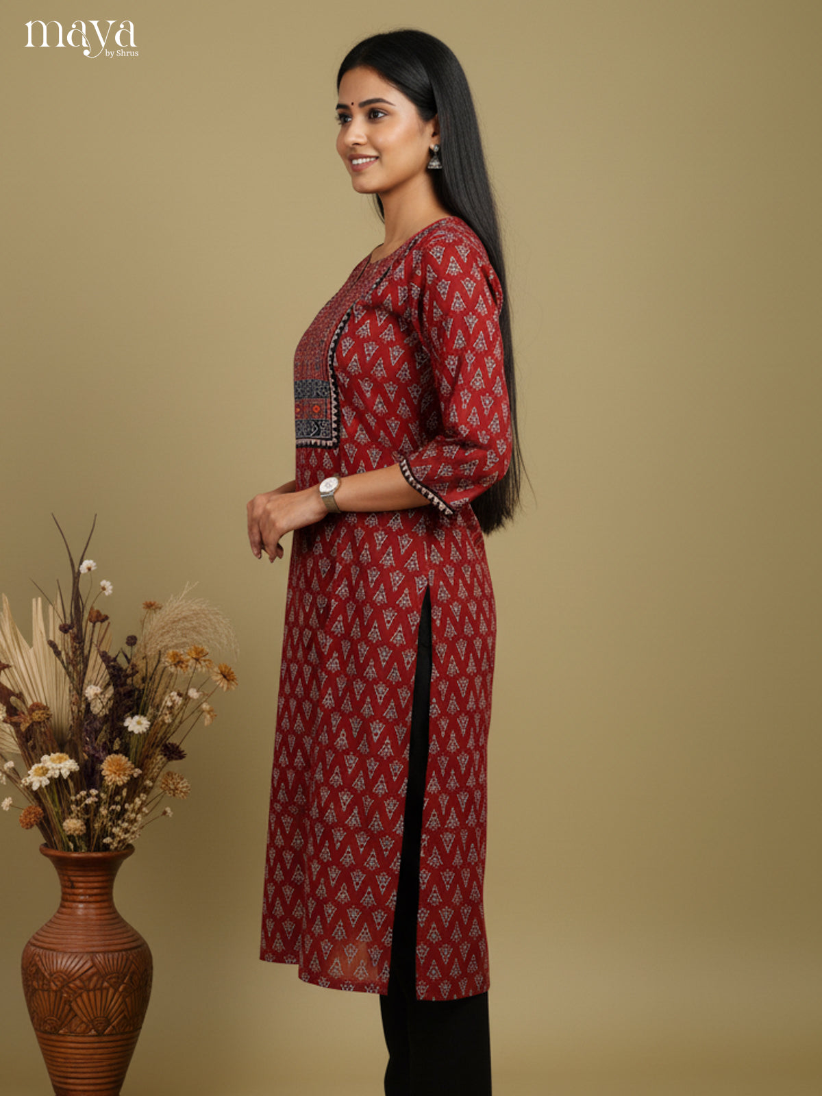 Exquisite Maroon Cotton Readymade Kurti With Yoke Neck