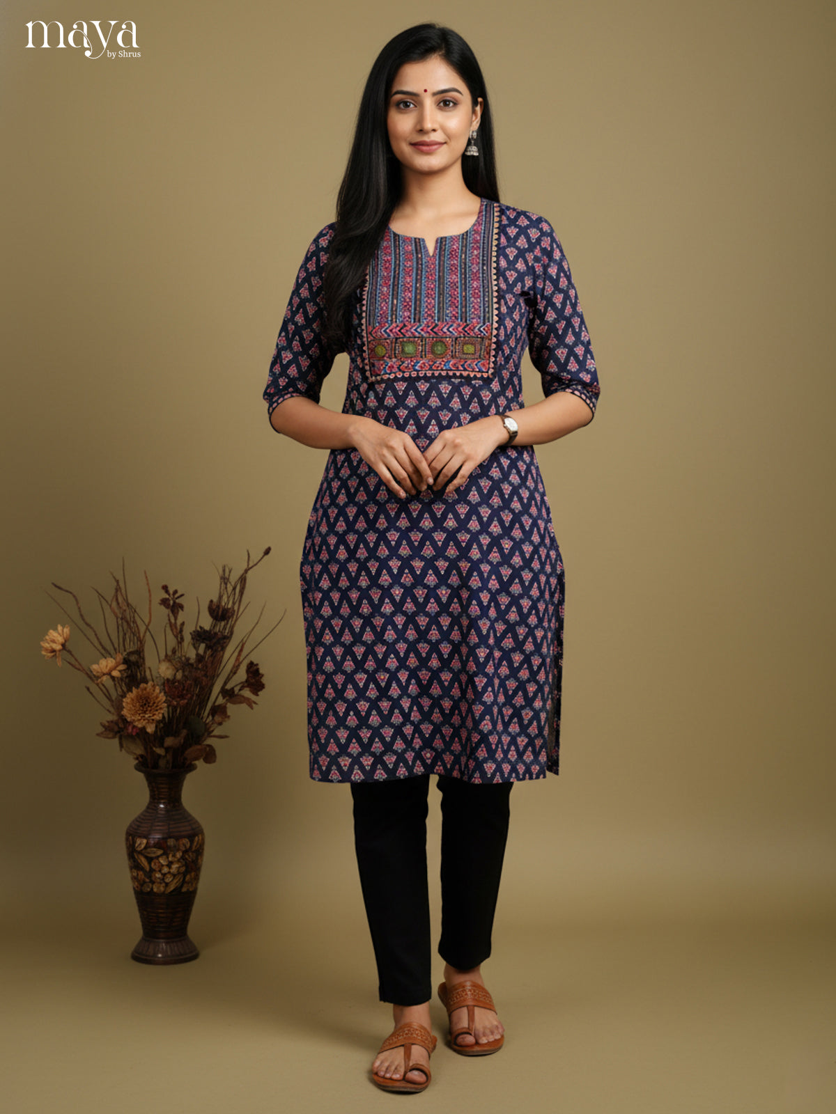 Elegant Navy Blue Floral Printed Readymade Kurti With Yoke Neck