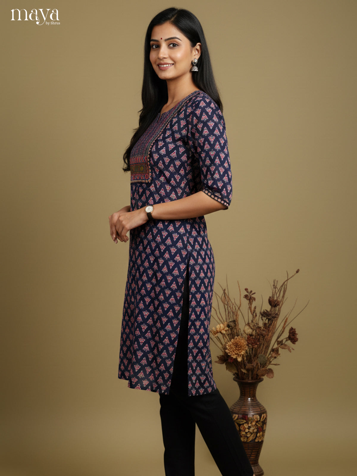 Elegant Navy Blue Floral Printed Readymade Kurti With Yoke Neck