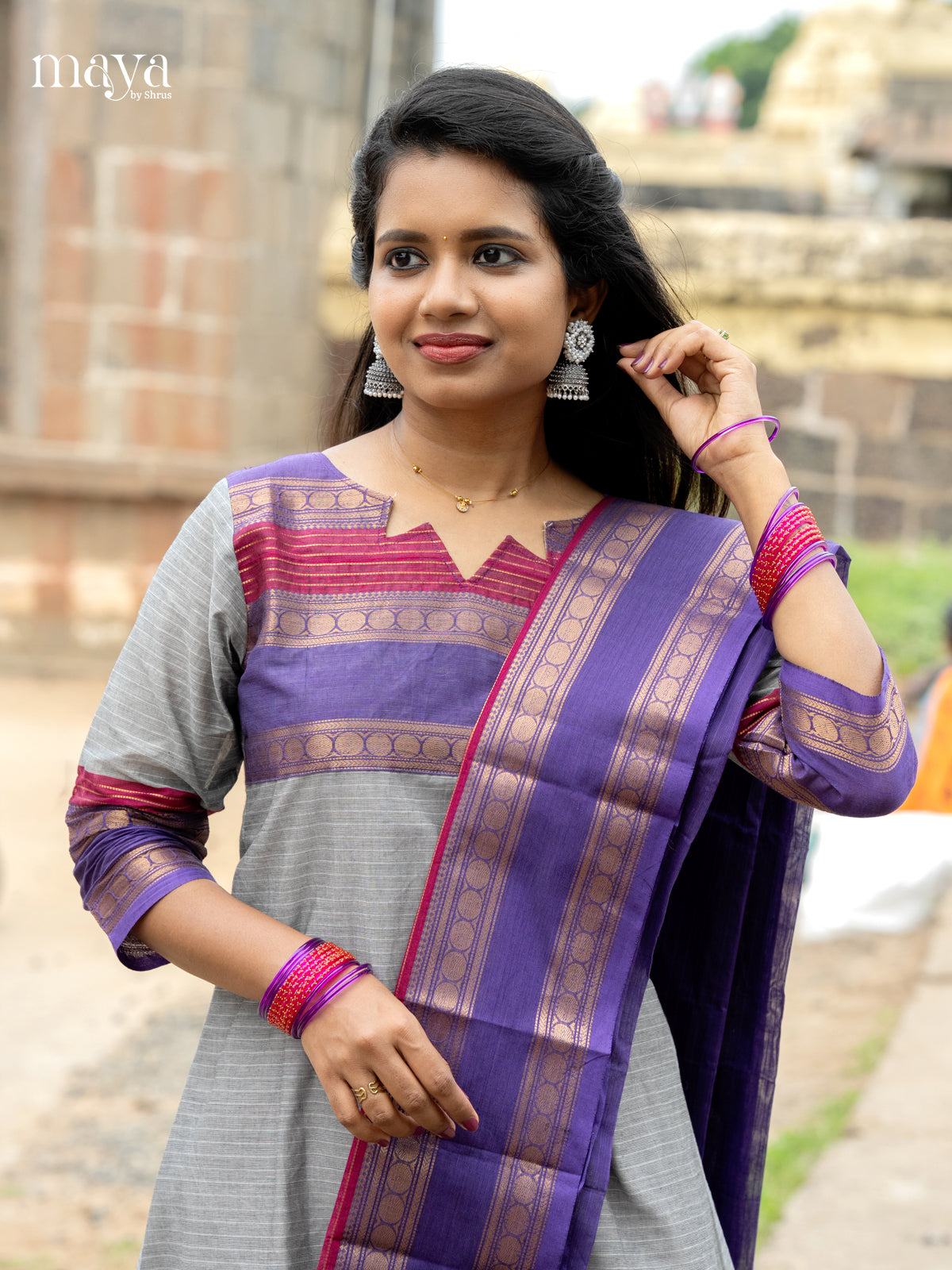 Pretty Grey & Blue Chettinad Cotton Readymade Salwar Set with Dupatta