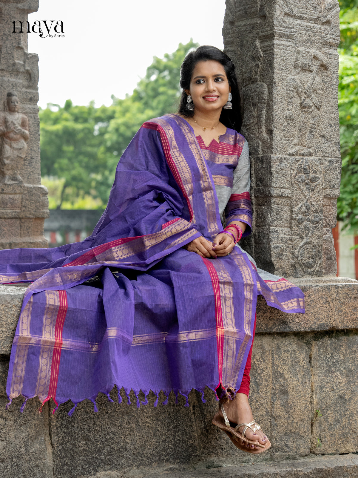 Pretty Grey & Blue Chettinad Cotton Readymade Salwar Set with Dupatta