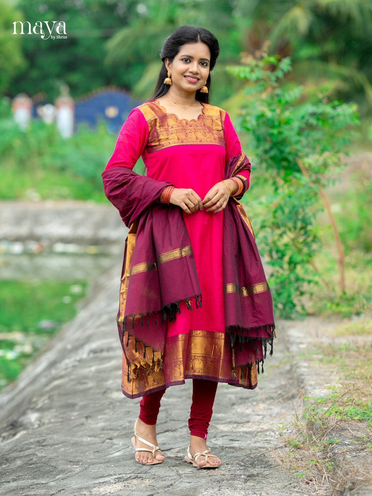 Pink with Purple - Chettinad Cotton Readymade Kurti with Dupatta
