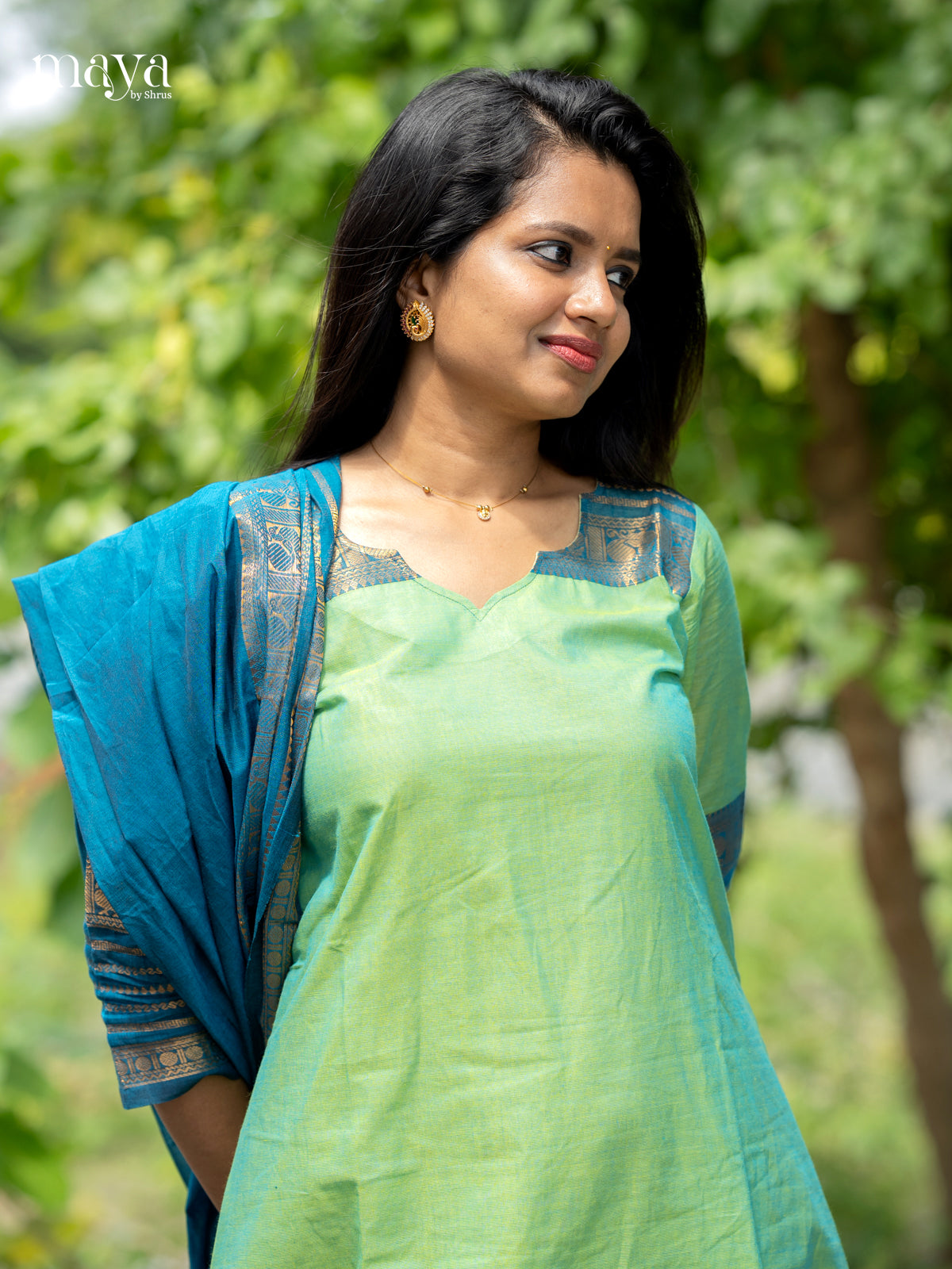 Pista Green & blue-Chettinad Cotton Readymade Kurti with Dupatta