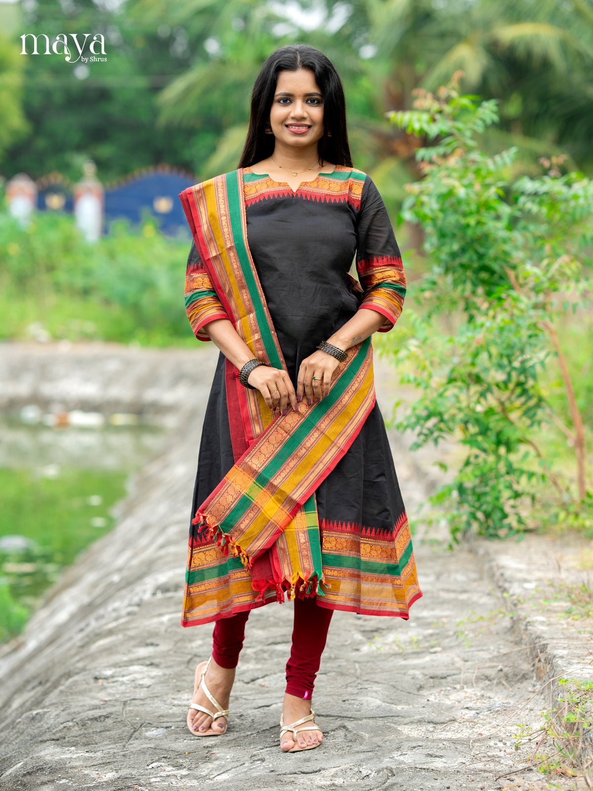 Black & Red- Chettinad Cotton Readymade Kurti with Dupatta