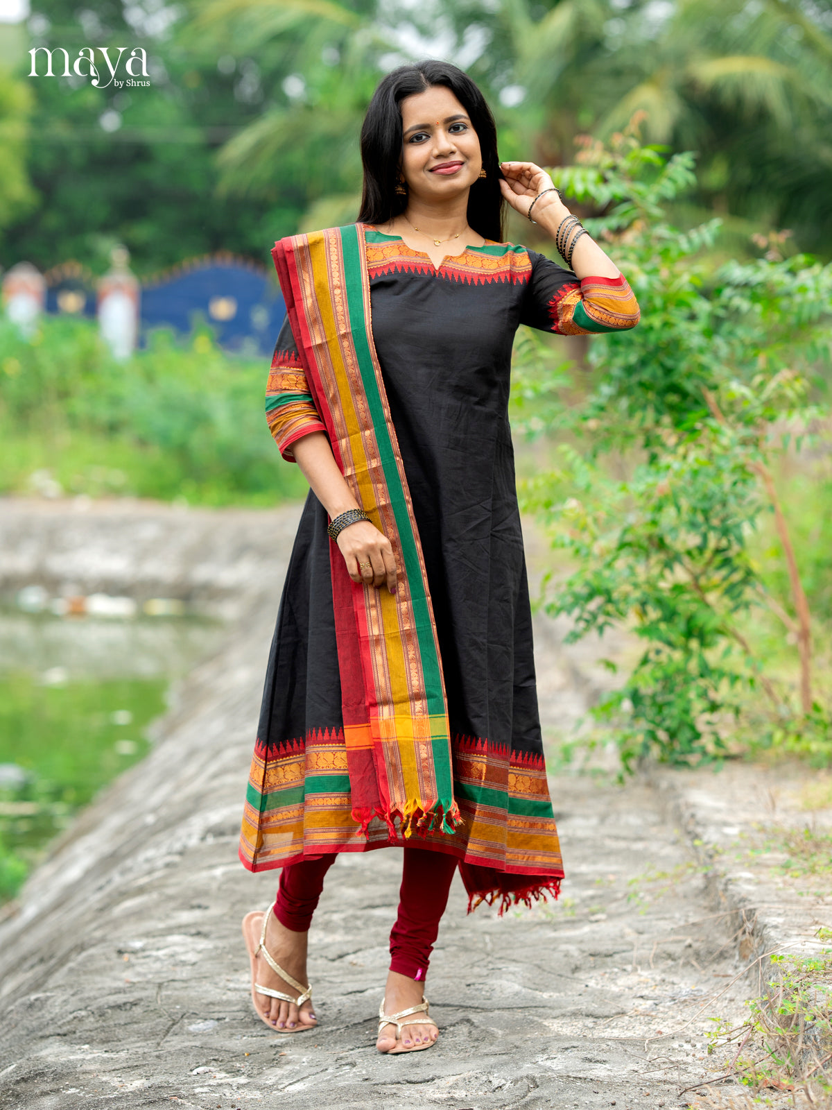 Black & Red- Chettinad Cotton Readymade Kurti with Dupatta