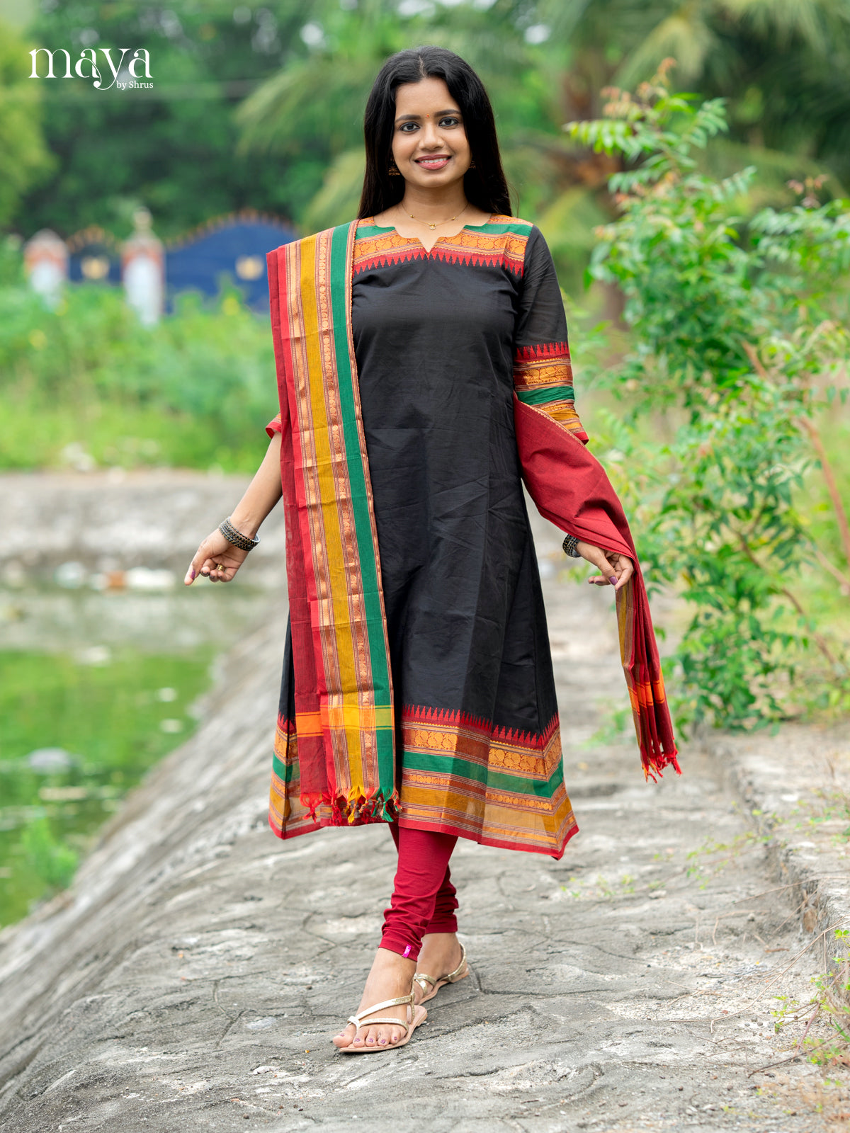 Black & Red- Chettinad Cotton Readymade Kurti with Dupatta