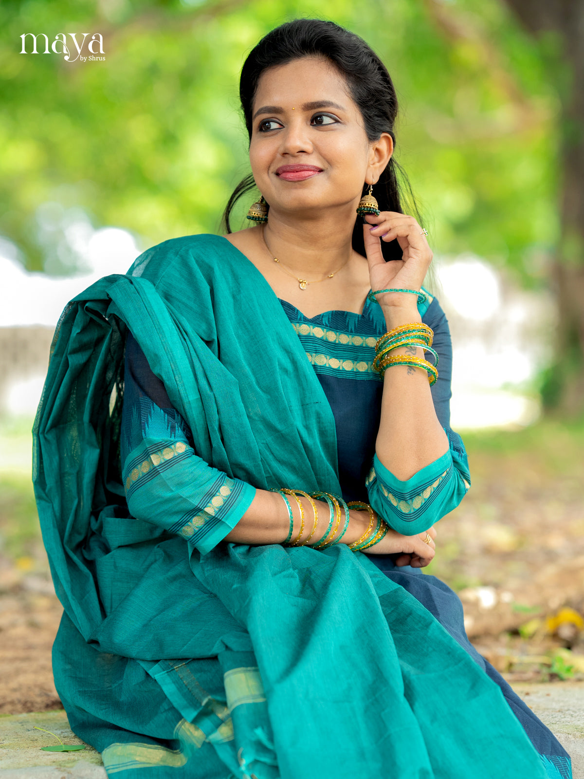 Blue & Teal-Chettiand Cotton Readymade Kurti with Dupatta