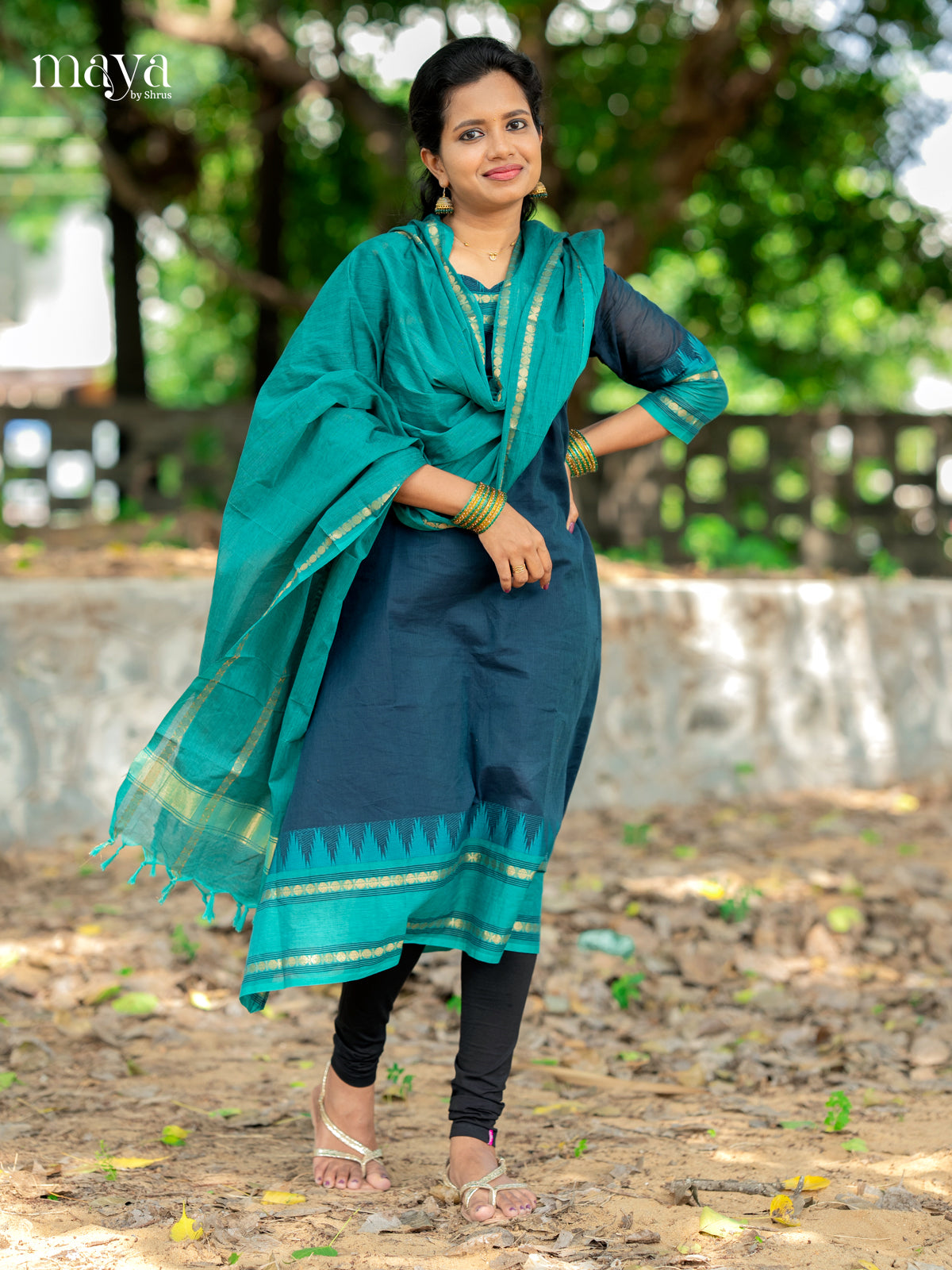 Blue & Teal-Chettiand Cotton Readymade Kurti with Dupatta