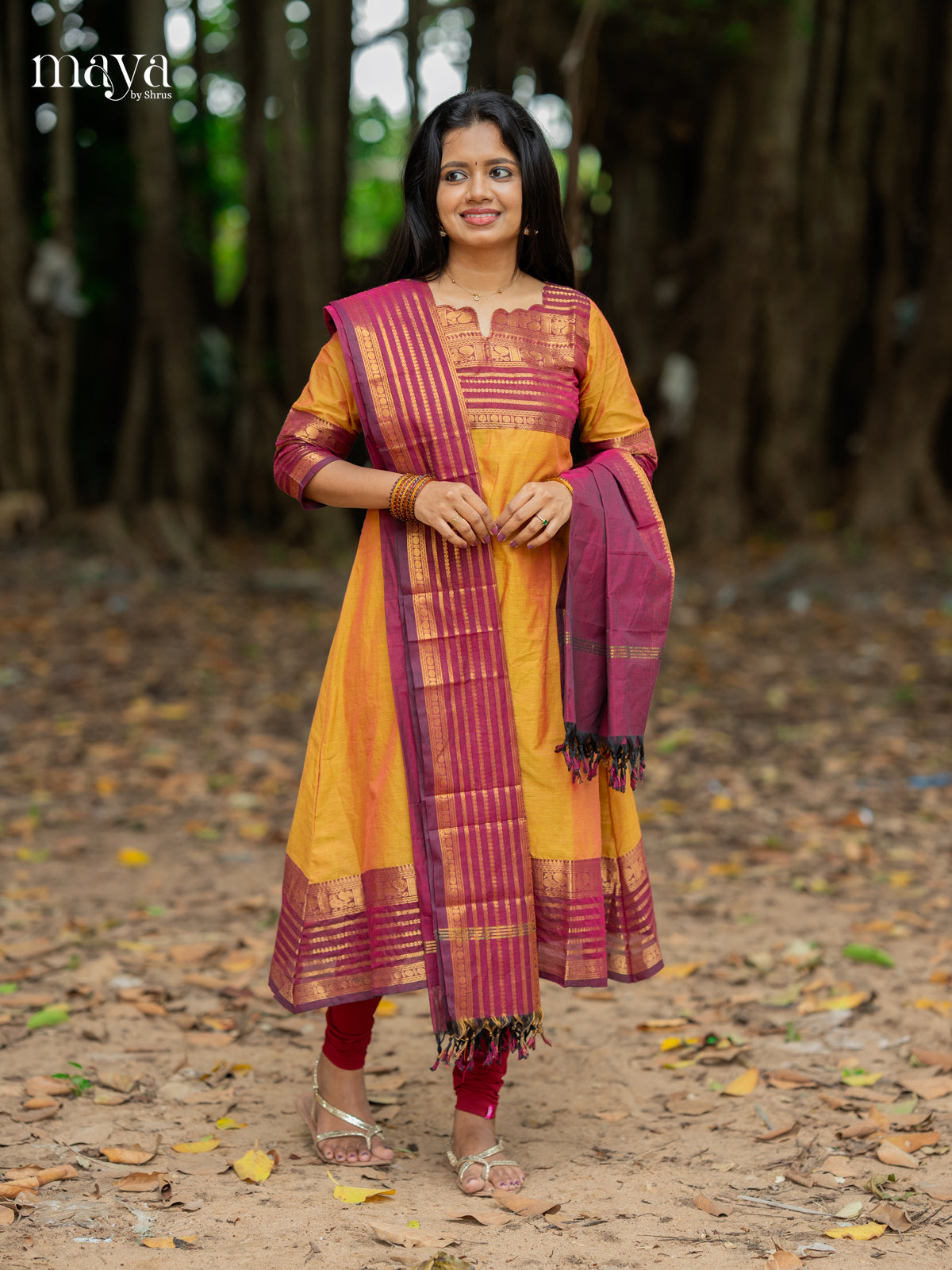 Classy Mustard & Purple Chettinad Cotton Readymade Straight Kurti Set With Dupatta