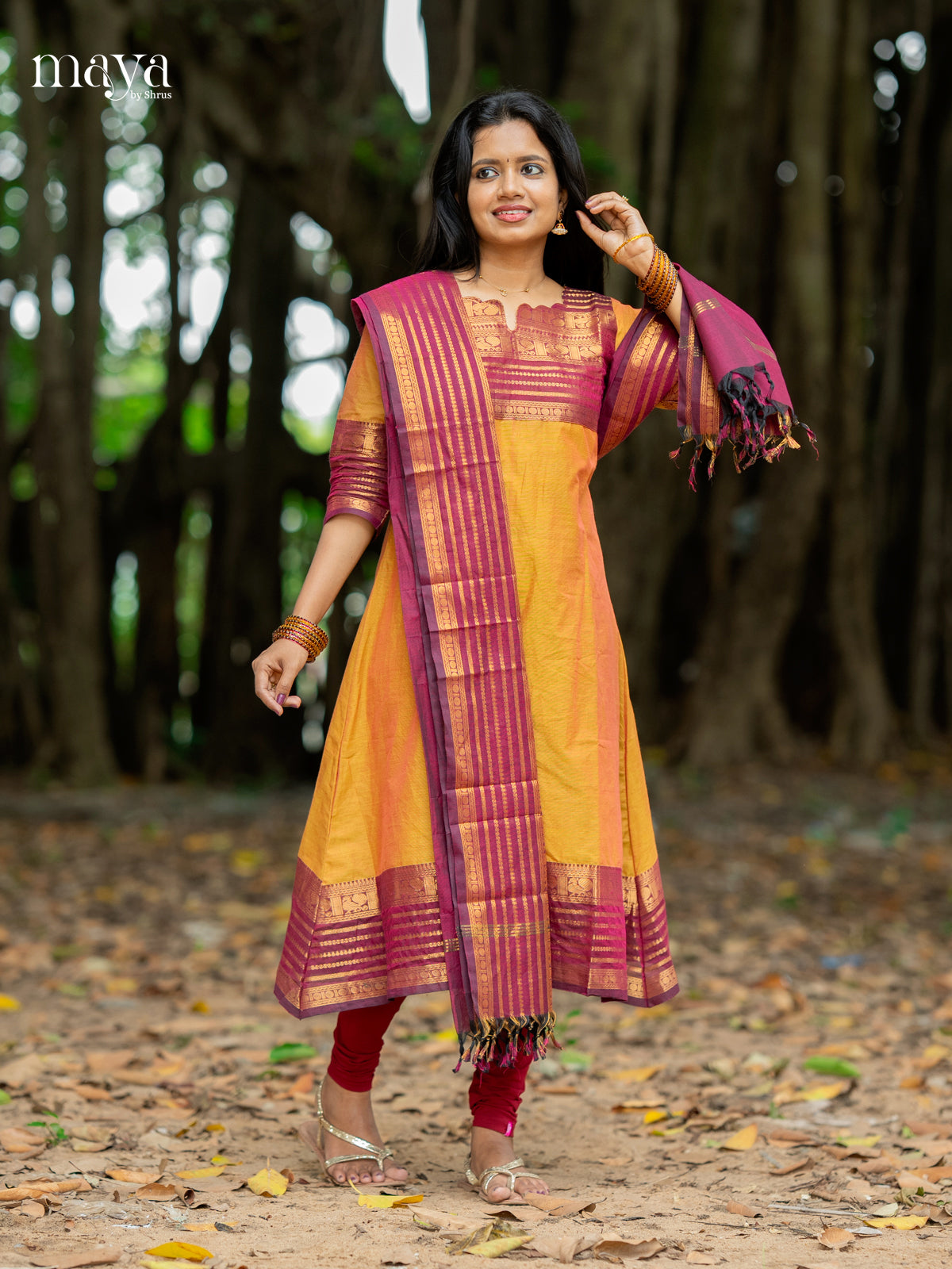 Classy Mustard & Purple Chettinad Cotton Readymade Straight Kurti Set With Dupatta