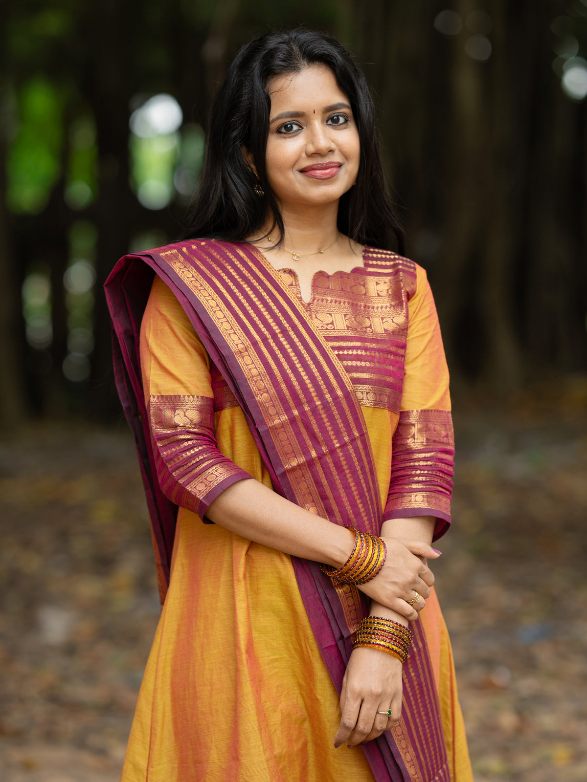 Classy Mustard & Purple Chettinad Cotton Readymade Straight Kurti Set With Dupatta