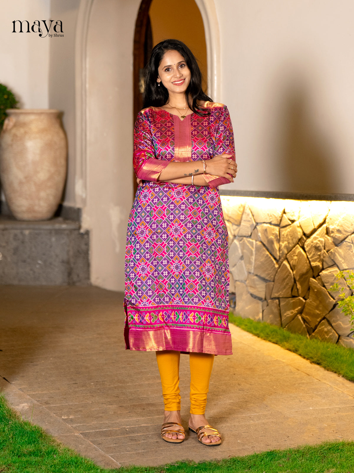 Gorgeous Purple Patola Print Kurti with Silk Zari Border