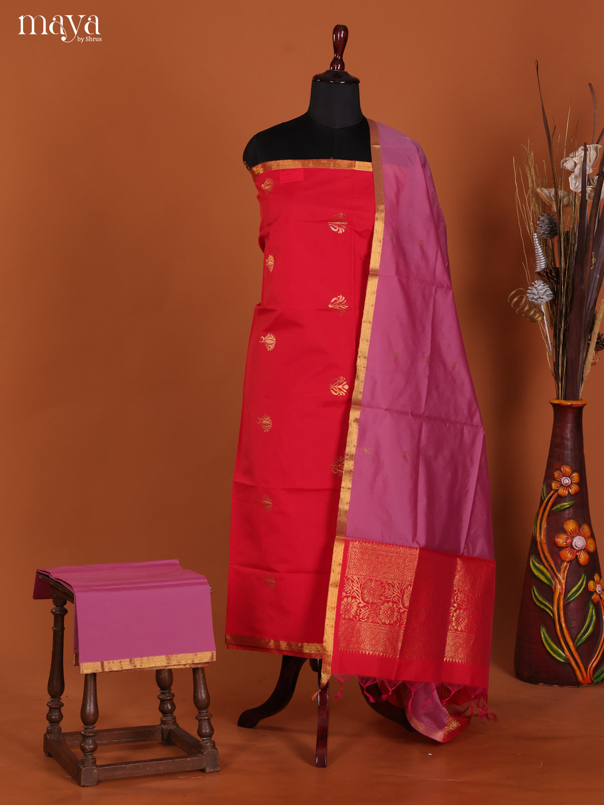 Red & Purple-semi softsilk salwar Unstitch