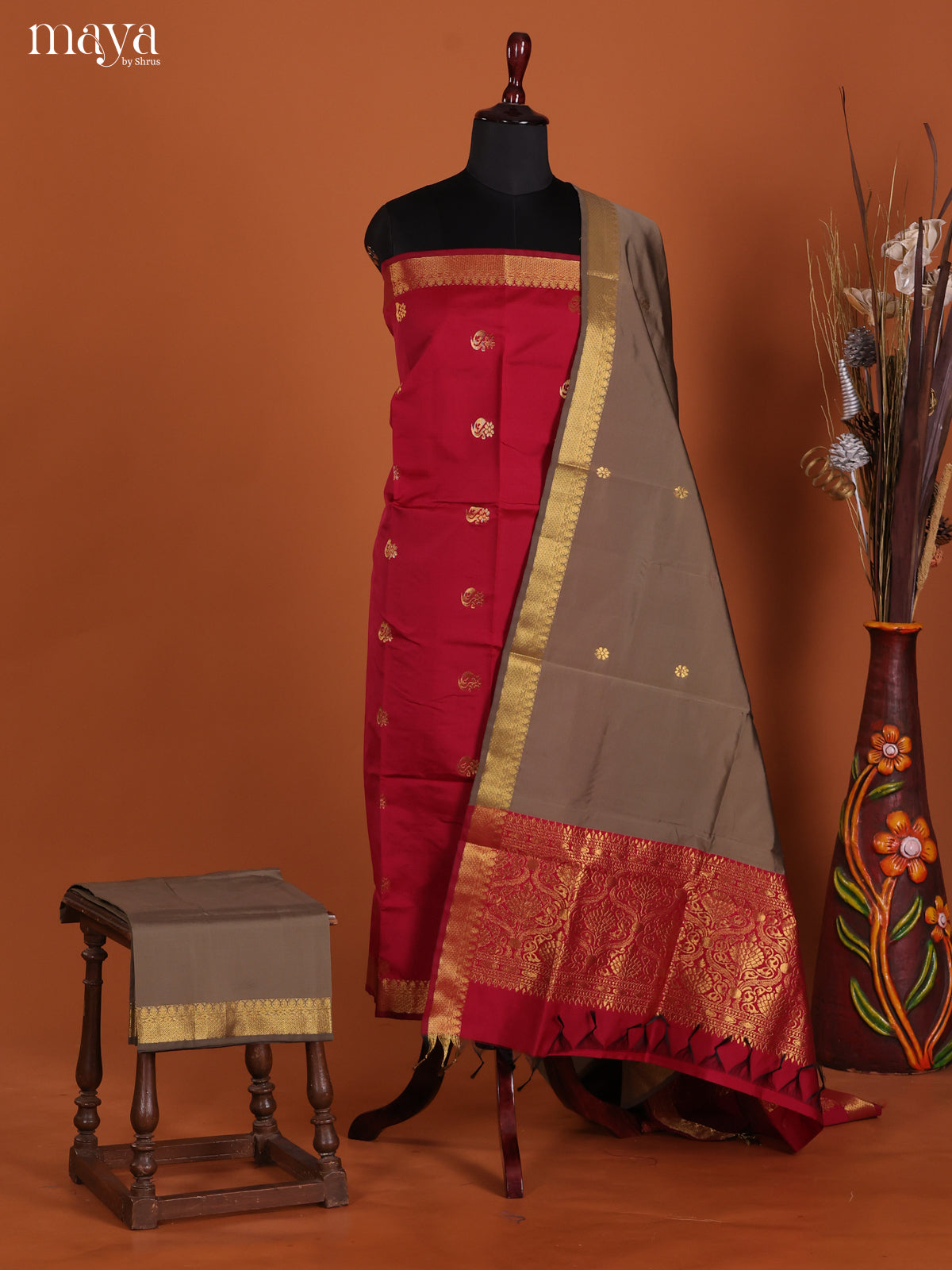Red & Grey -semi softsilk salwar Unstitch