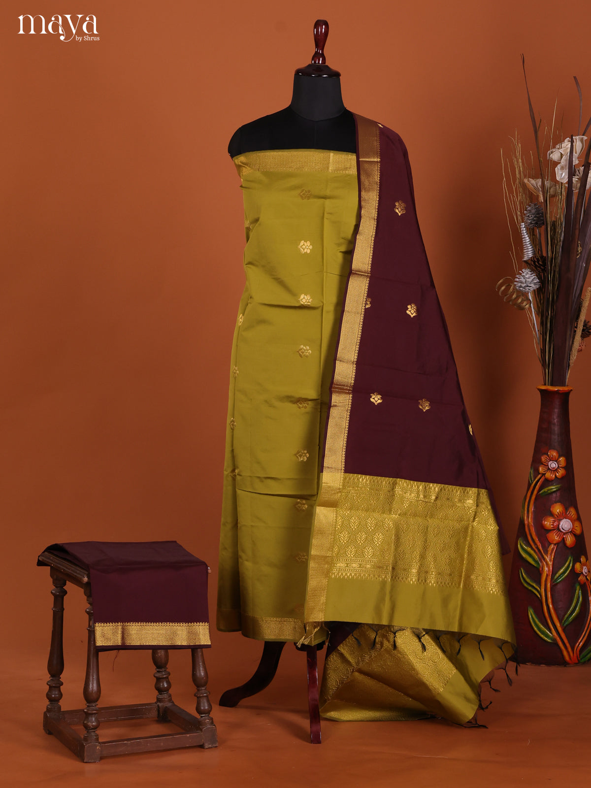Mehandi Green & Maroon-semi softsilk salwar Unstitch