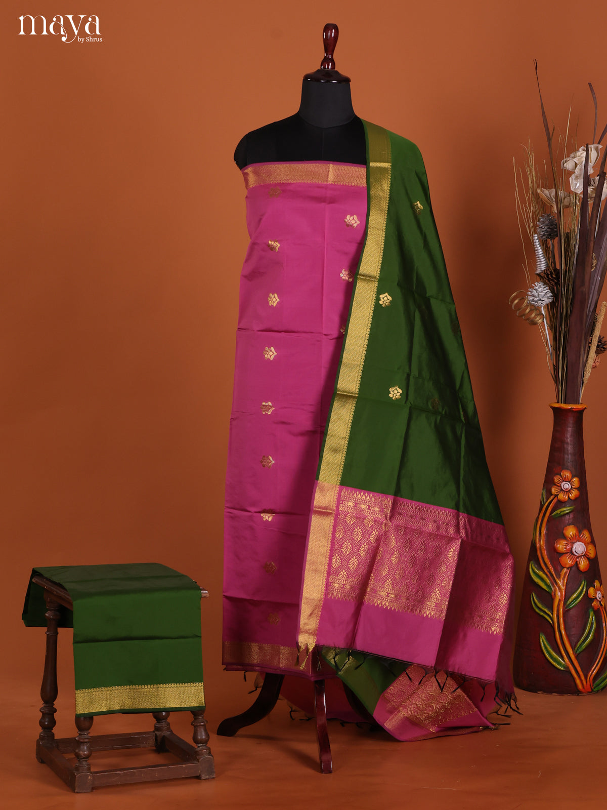 Pink & Green-semi softsilk salwar Unstitch