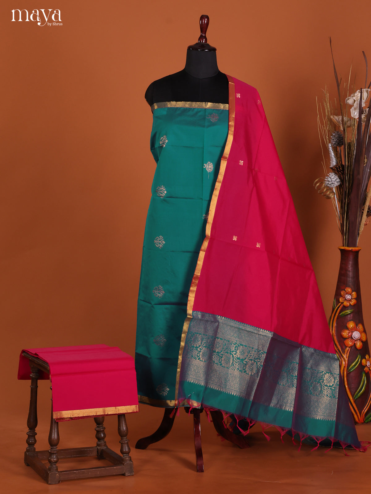 Green & Red-semi softsilk salwar Unstitch