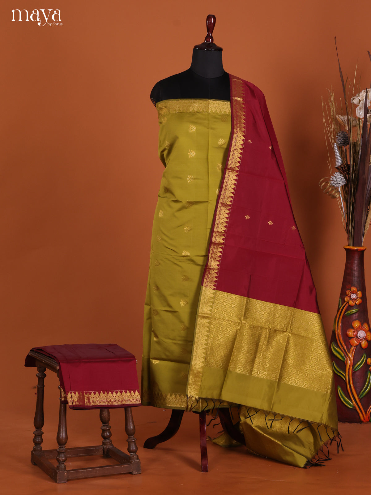 Mehandi Green & Maroon-semi softsilk salwar Unstitch