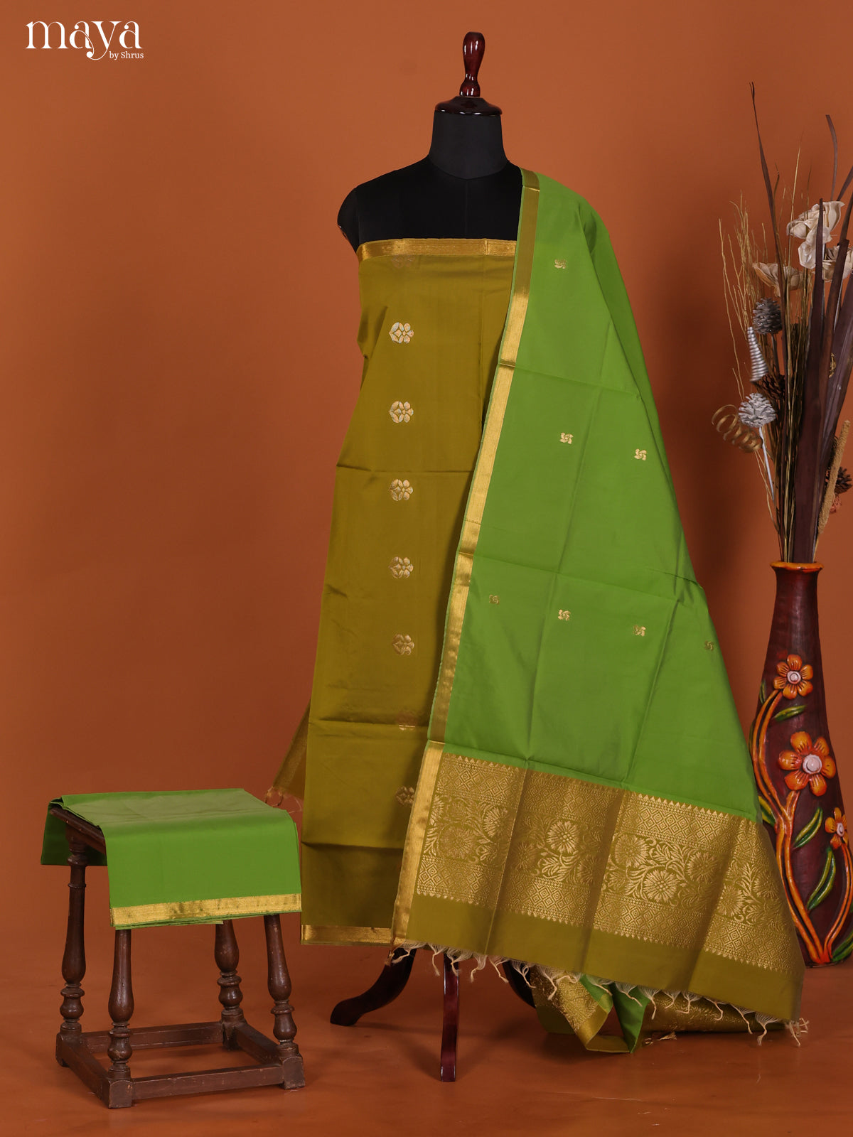 Mehandi & Light Green-semi softsilk salwar Unstitch