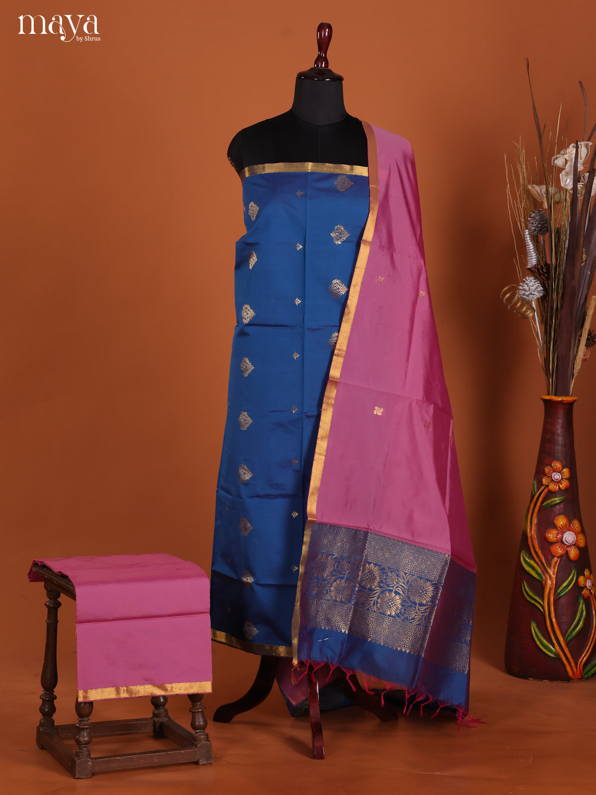 Blue & Pink-semi softsilk salwar Unstitch