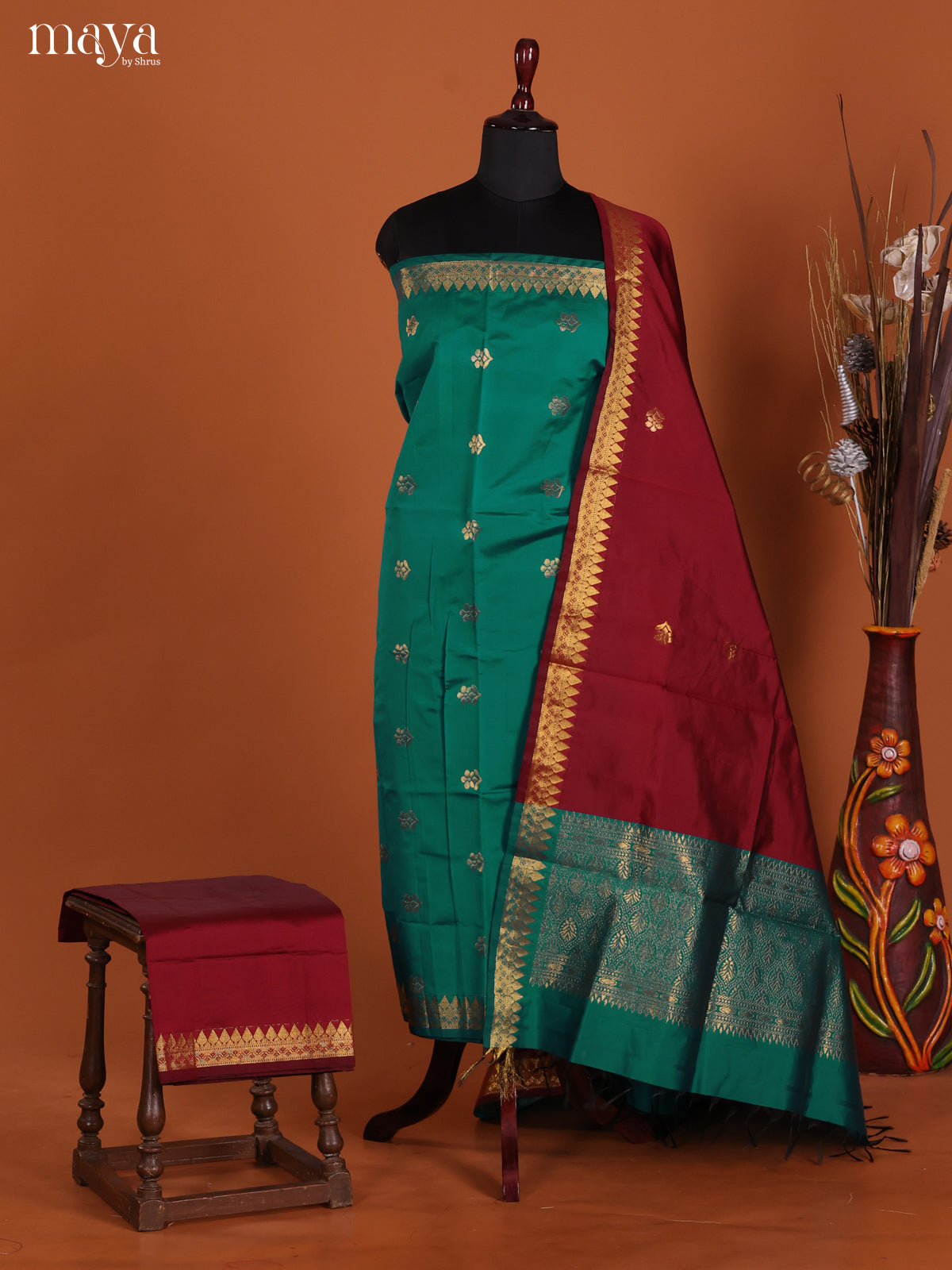 Green & Maroon-semi softsilk salwar Unstitch