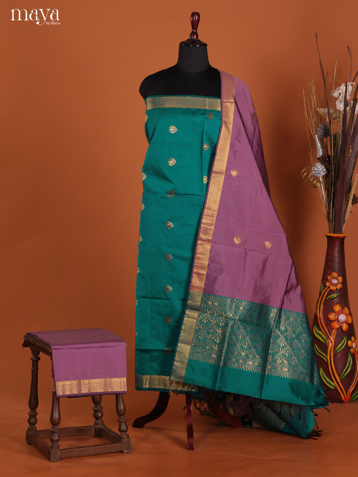 Green & Purple-semi softsilk salwar Unstitch