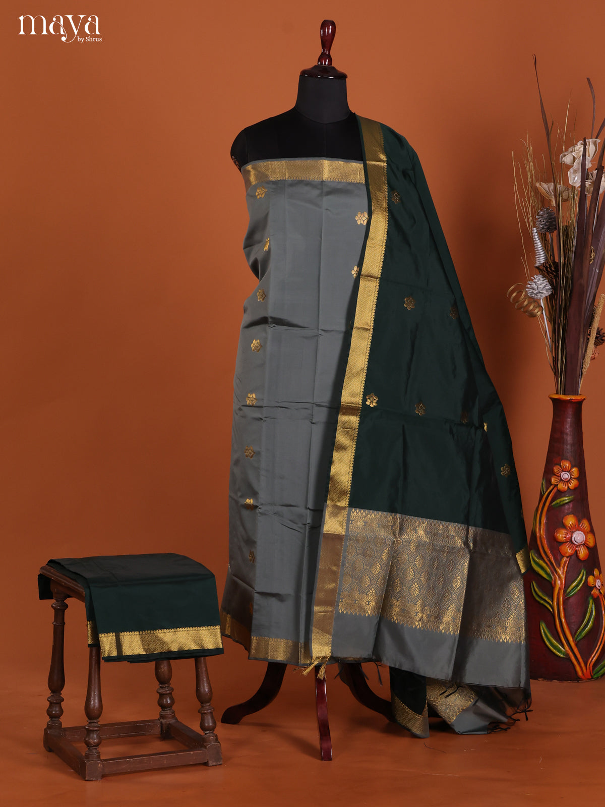 Grey & Green-semi softsilk salwar Unstitch