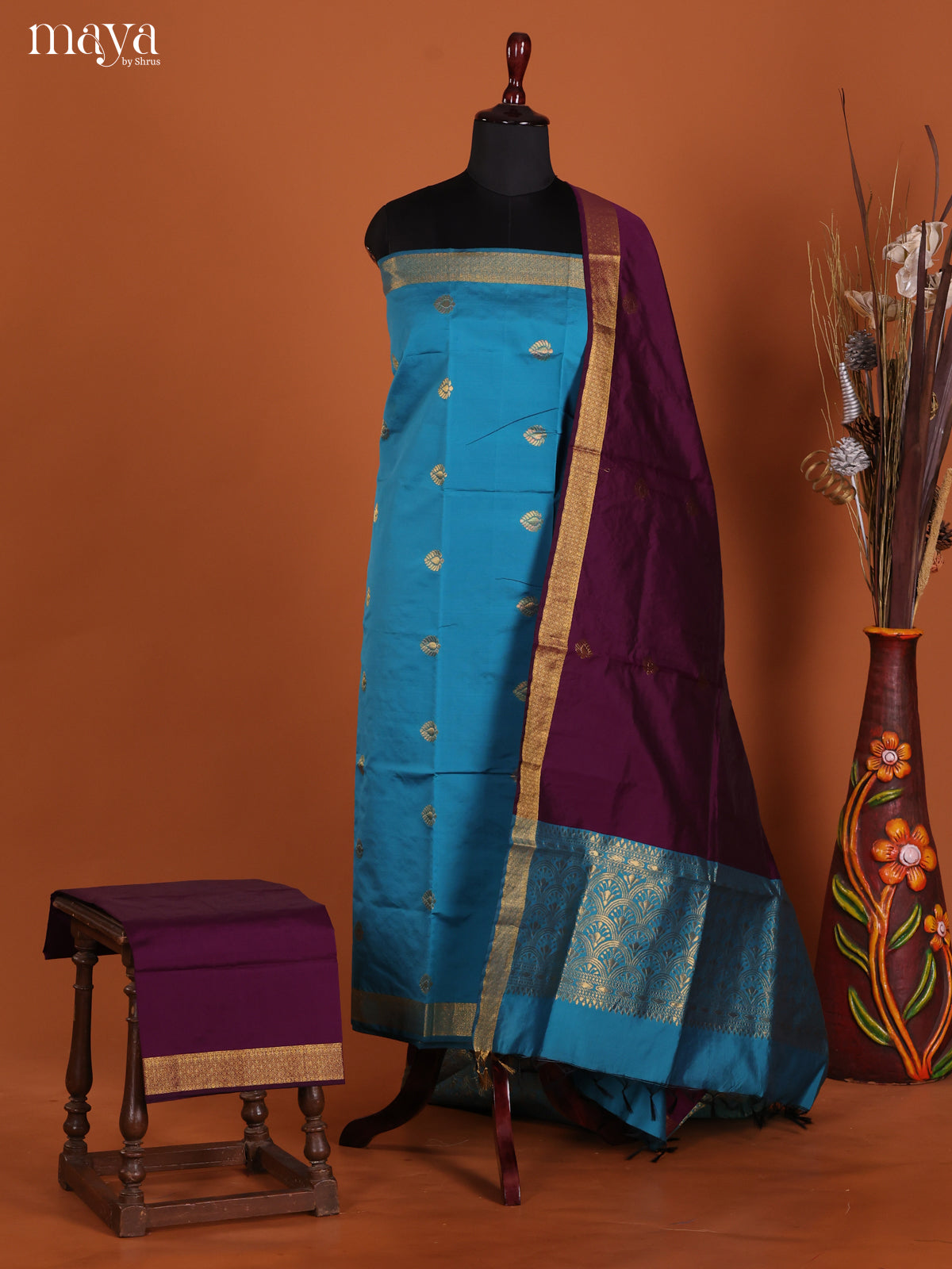 Blue & wine -semi softsilk salwar Unstitch
