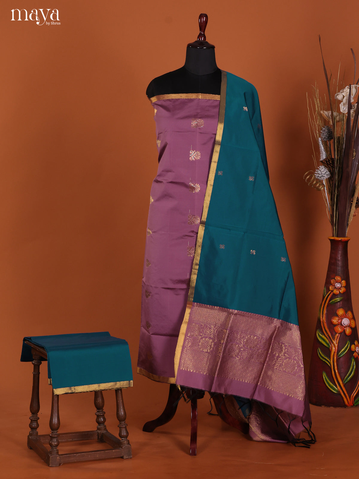 Lavender & Peacock Blue-semi softsilk salwar Unstitch