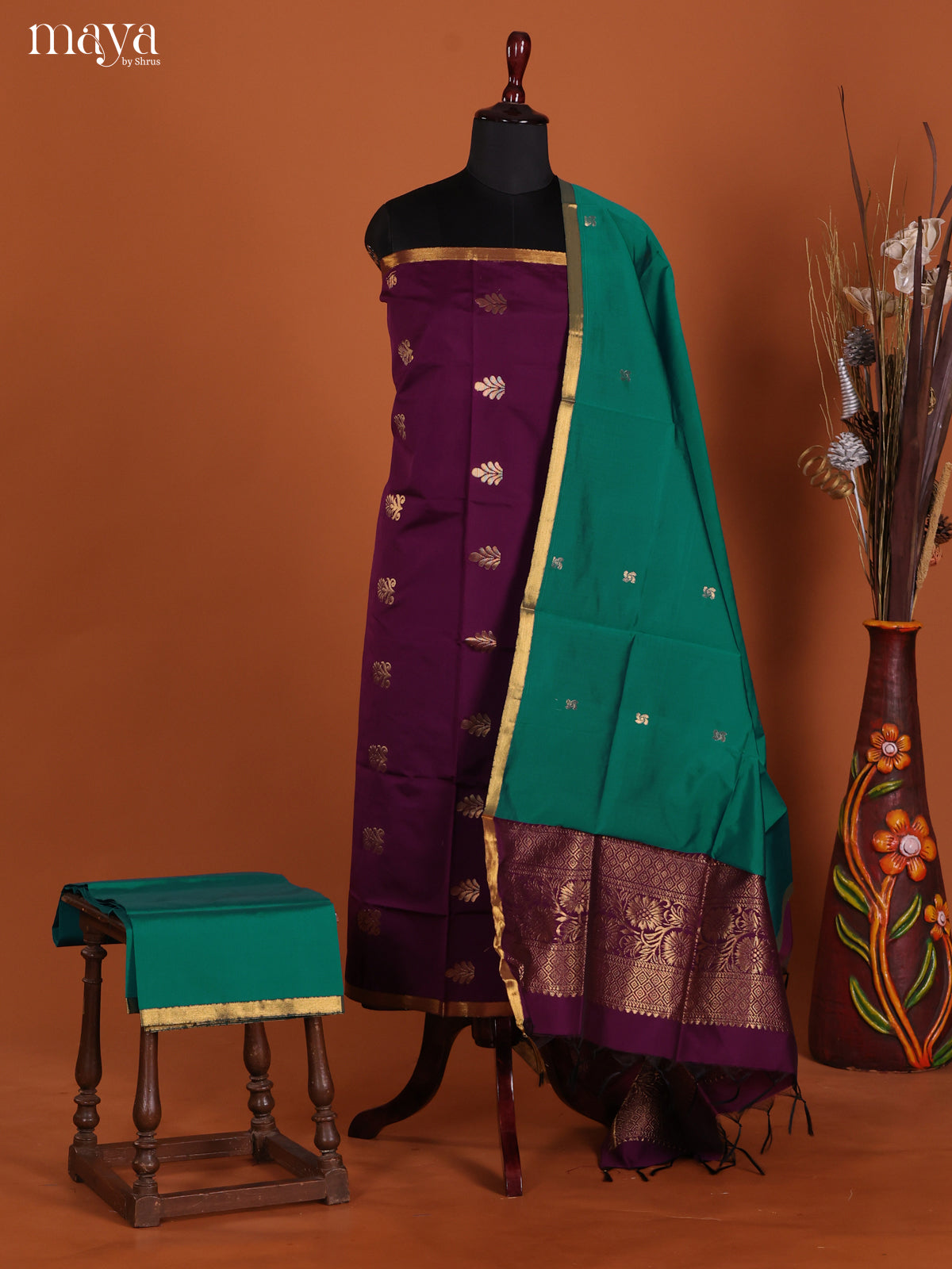 Violet & Green-semi softsilk salwar Unstitch