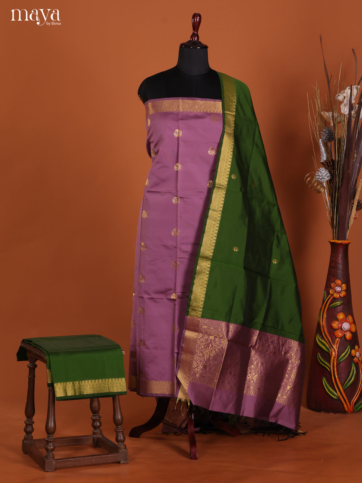 Lavender & Green-semi softsilk salwar Unstitch