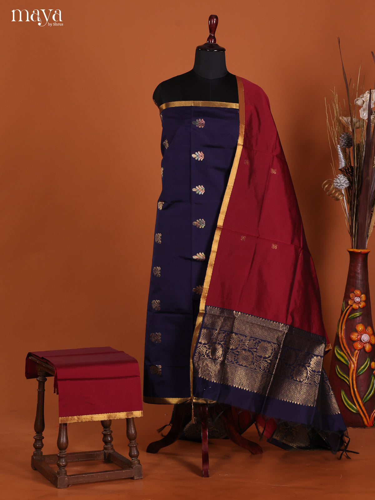 Blue & Maroon-semi softsilk salwar Unstitch