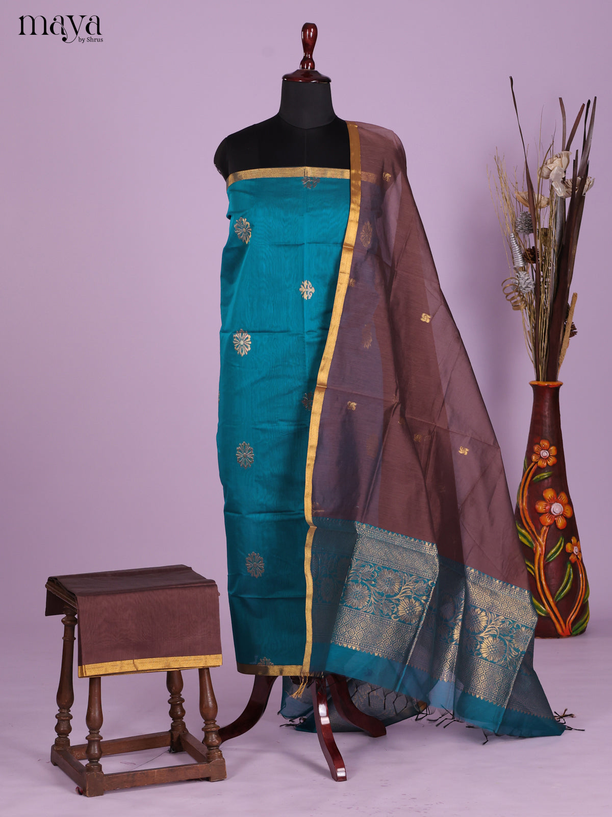Blue & Brown -Semi silkcotton salwar unstitch