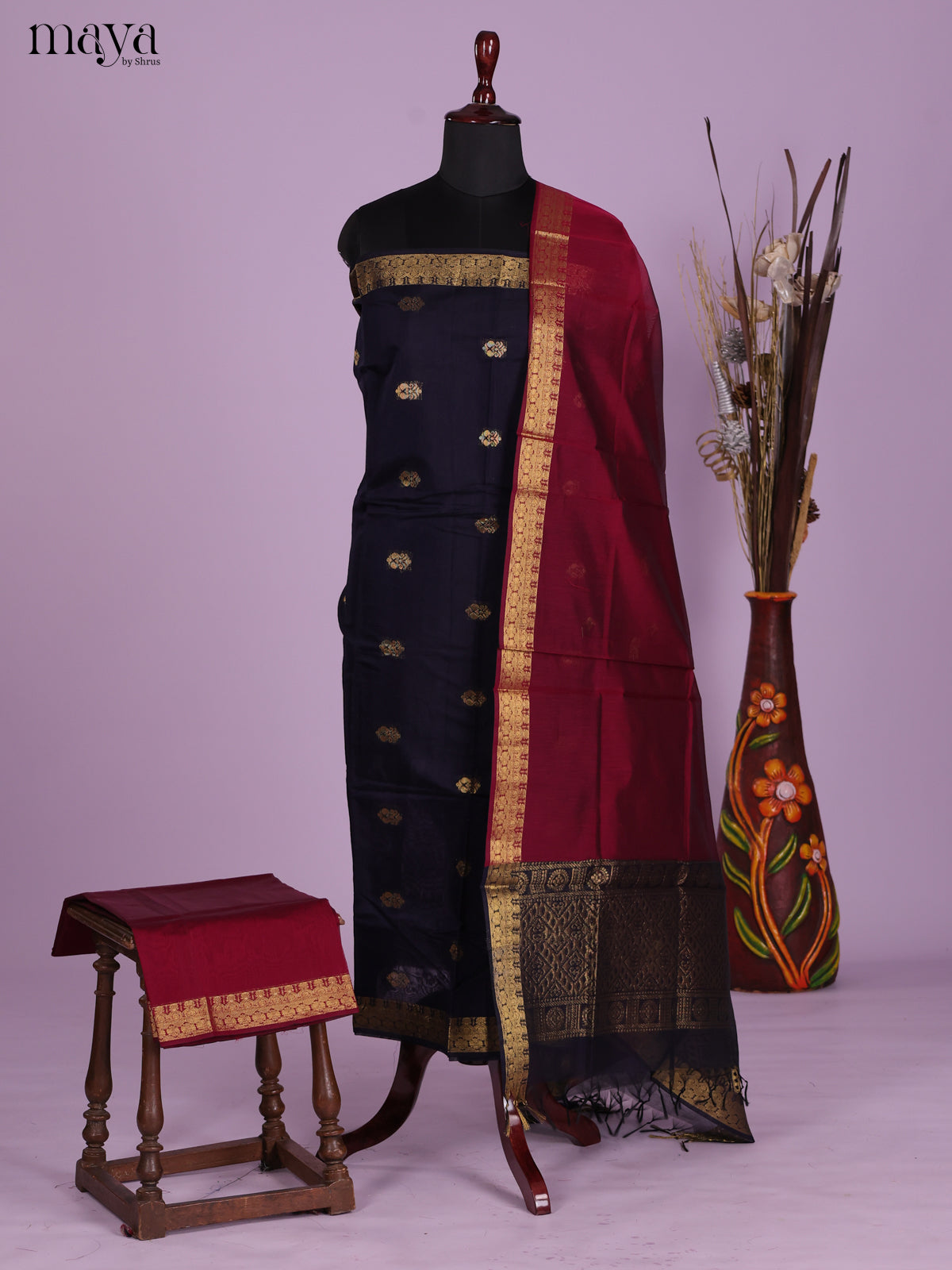 Blue & Red -Semi silkcotton salwar unstitch