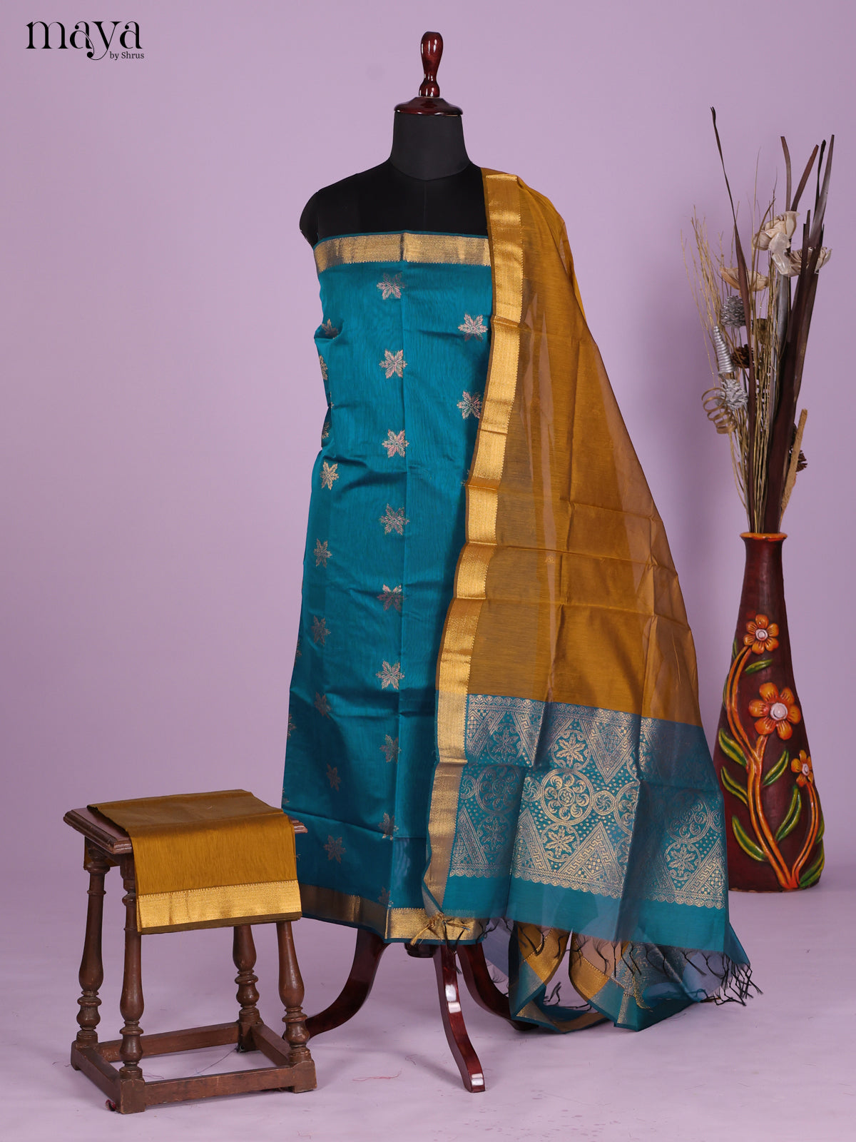 Blue & Golden Brown-Semi silkcotton salwar unstitch