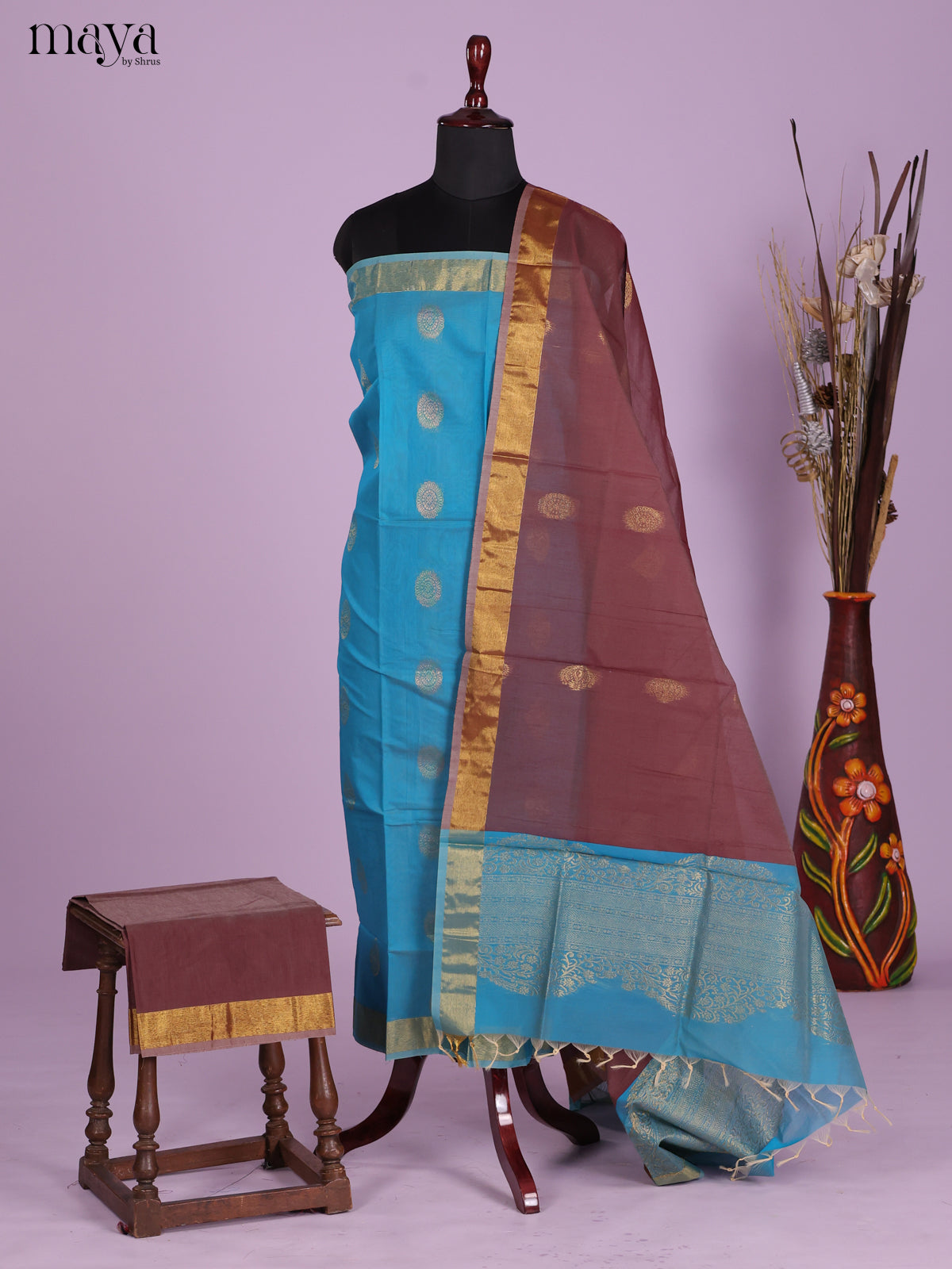 Blue & Brown-Semi silkcotton salwar unstitch