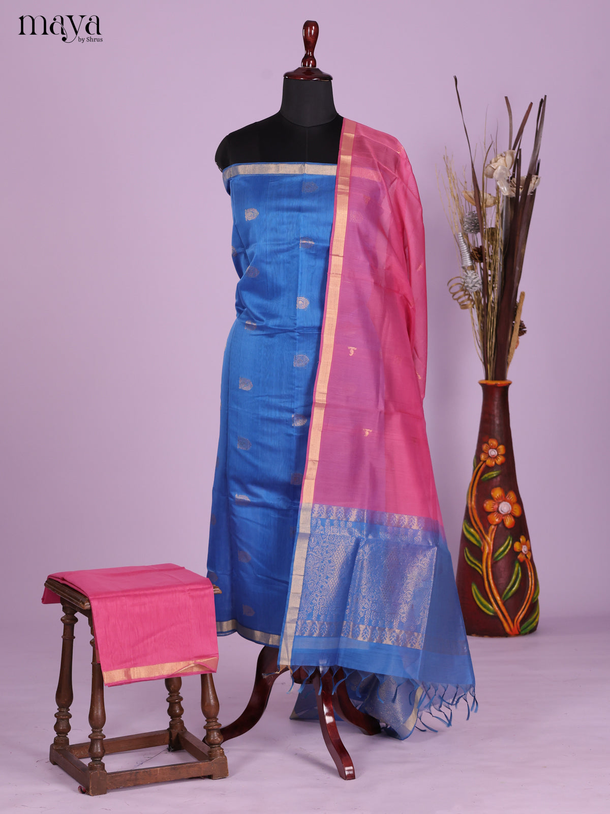 Blue & Pink-Silkcotton salwar Unstitch