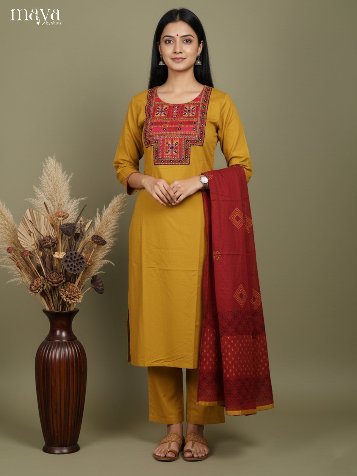 Bright Mustard & maroon Readymade 3 Piece with embroidered neck yoke