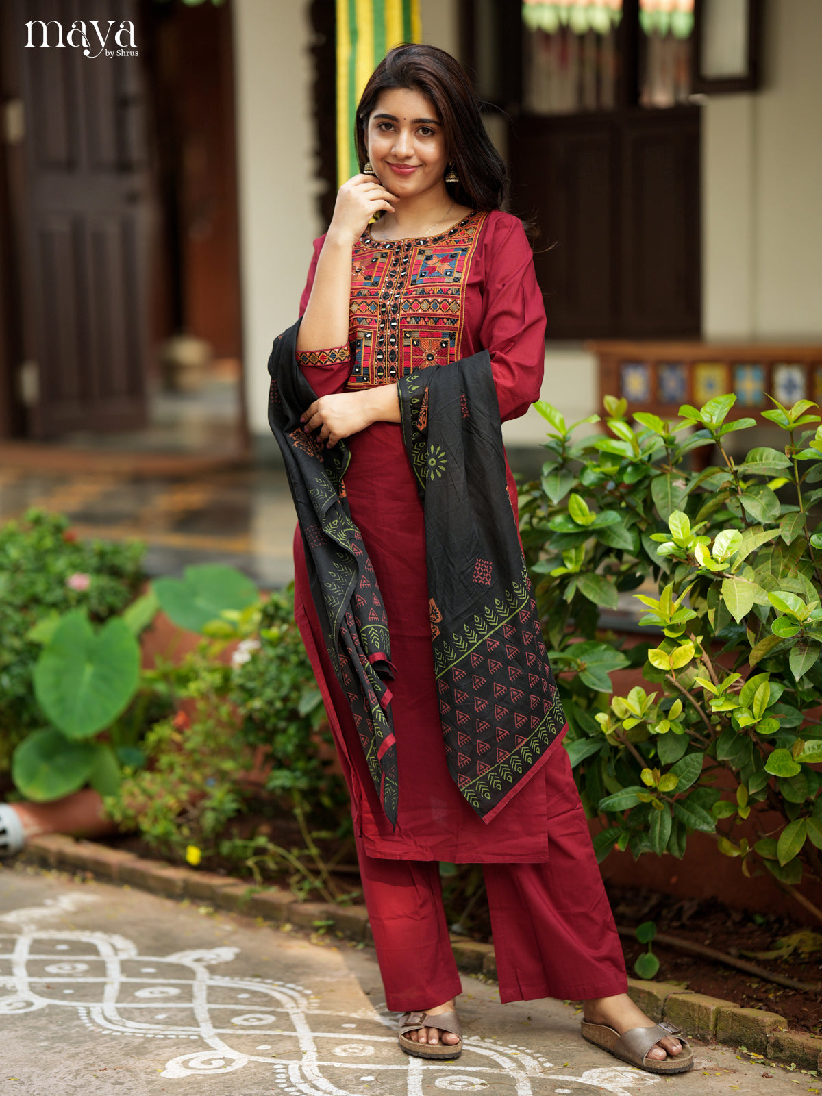 Stunning Maroon & Black Readymade 3 Piece Salwar with mirror embroidered neck yoke
