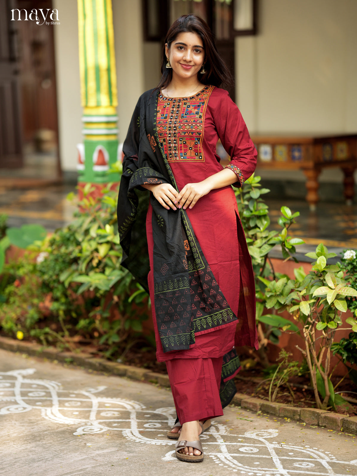 Stunning Maroon & Black Readymade 3 Piece Salwar with mirror embroidered neck yoke