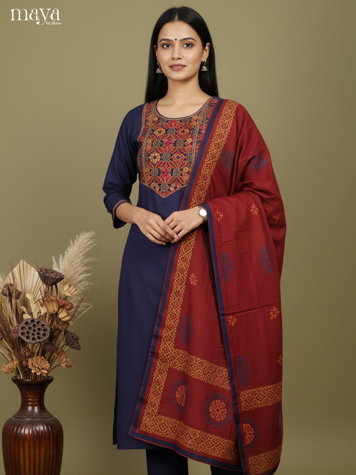 Beautiful Blue & Maroon Readymade 3 Piece with embroidered neck yoke