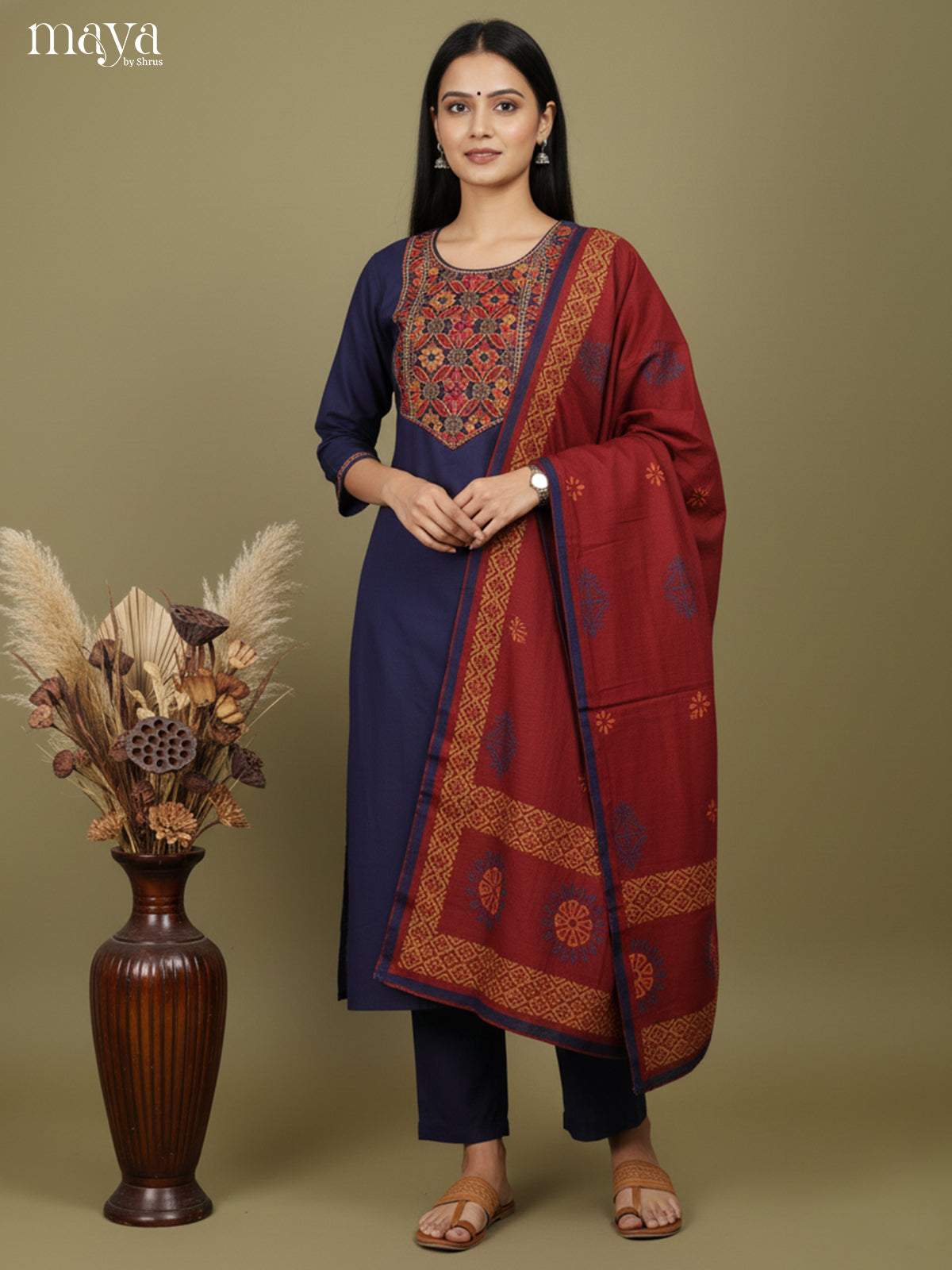Beautiful Blue & Maroon Readymade 3 Piece with embroidered neck yoke