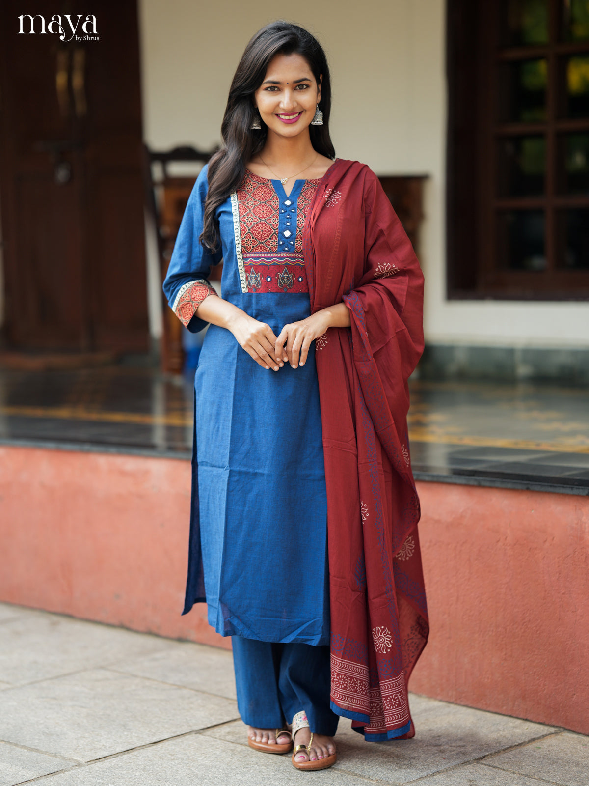 Vibrant Blue & Maroon Readymade 3 Piece Salwar with ajrakh printed neck yoke