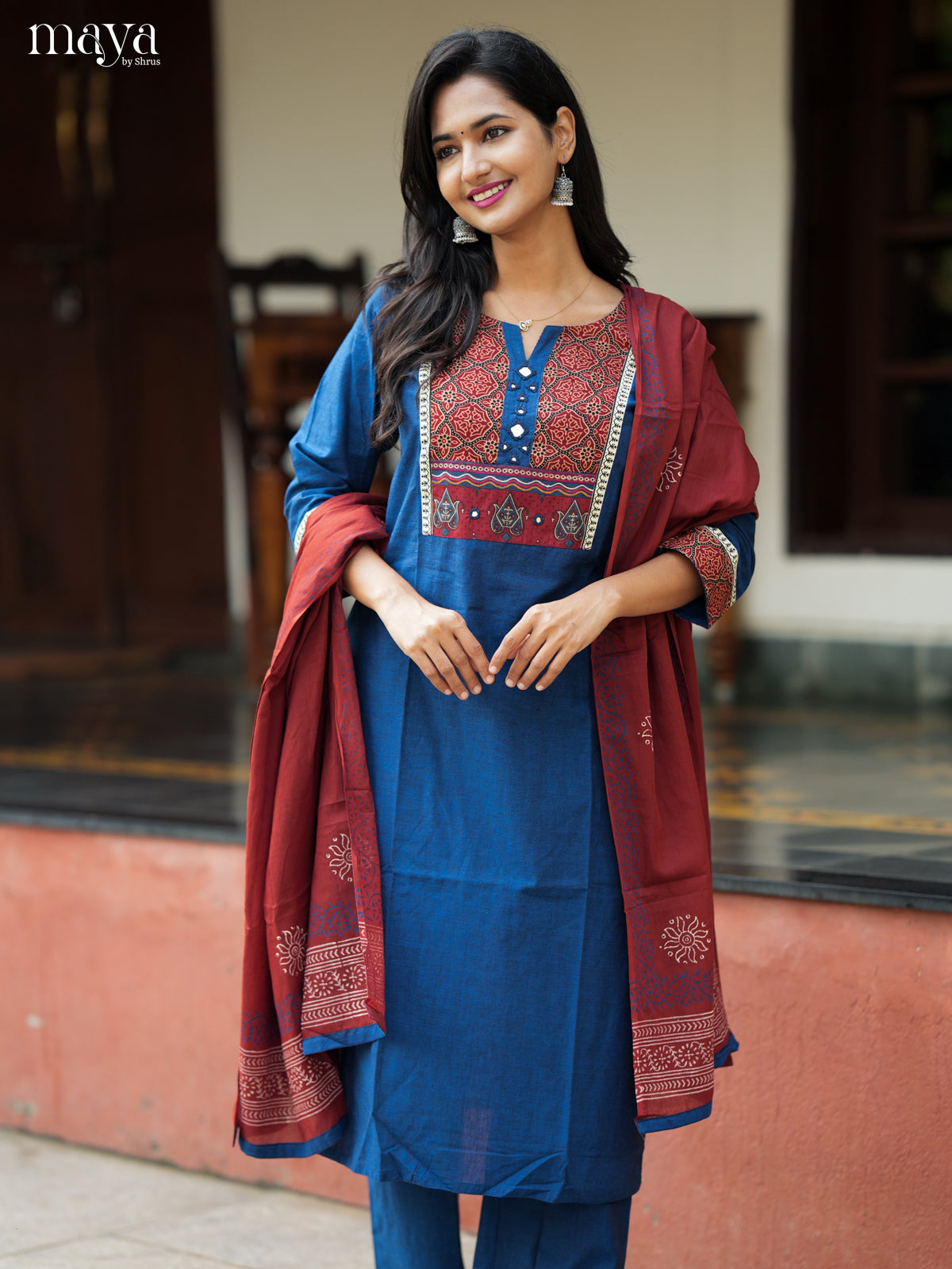 Vibrant Blue & Maroon Readymade 3 Piece Salwar with ajrakh printed neck yoke